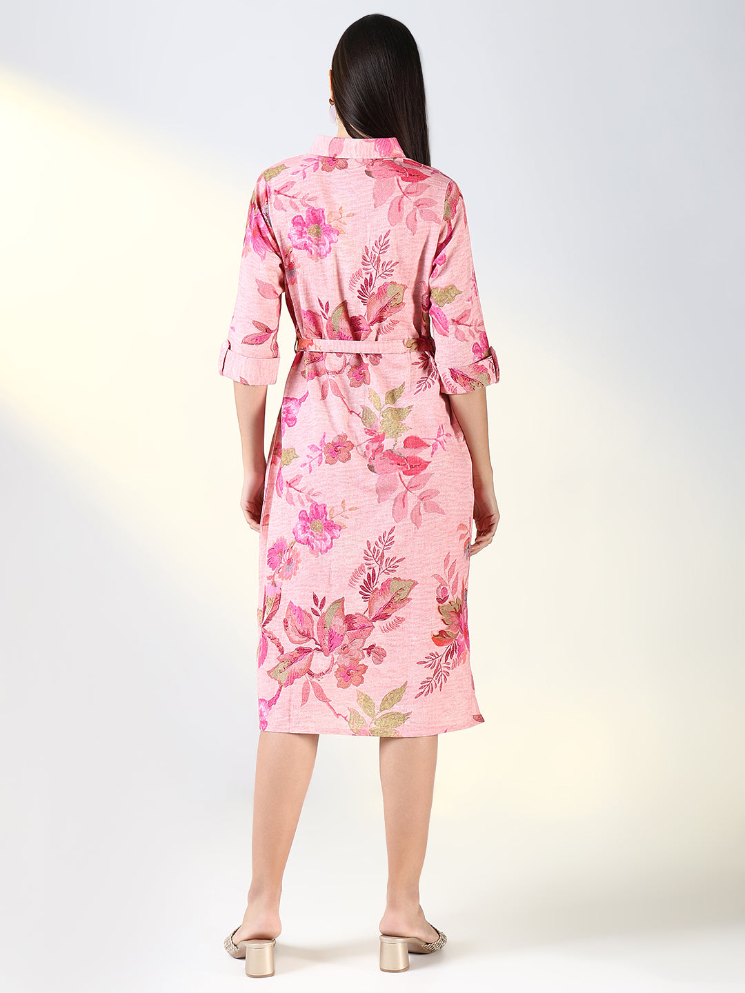 Women Pink Floral A Line Dress with Belt