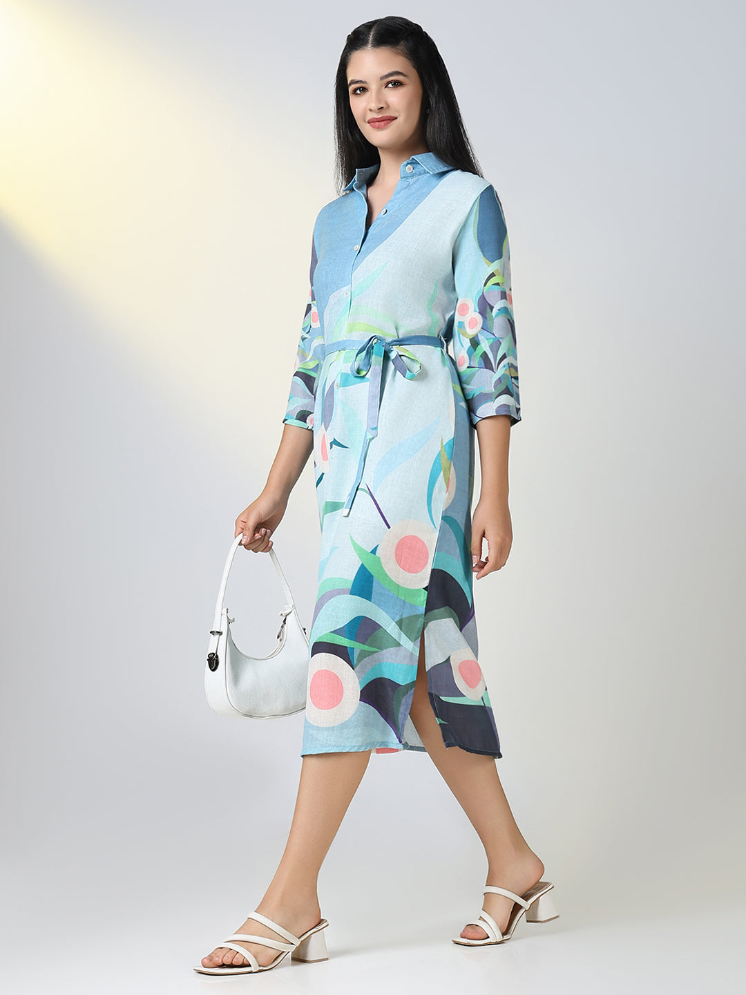 Women Blue Floral Print Shirt Dress with Belt