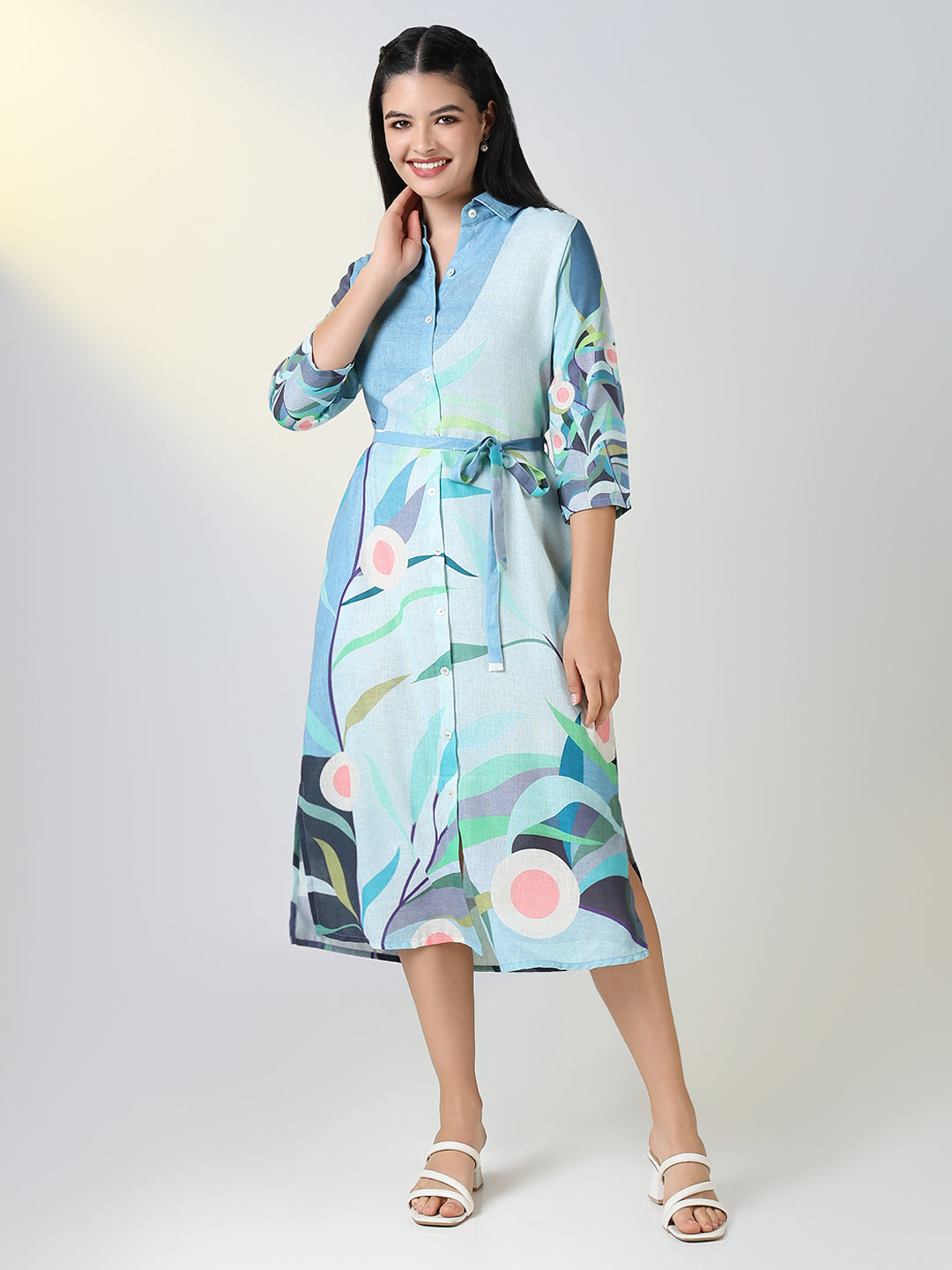 Women Blue Floral Print Shirt Dress with Belt