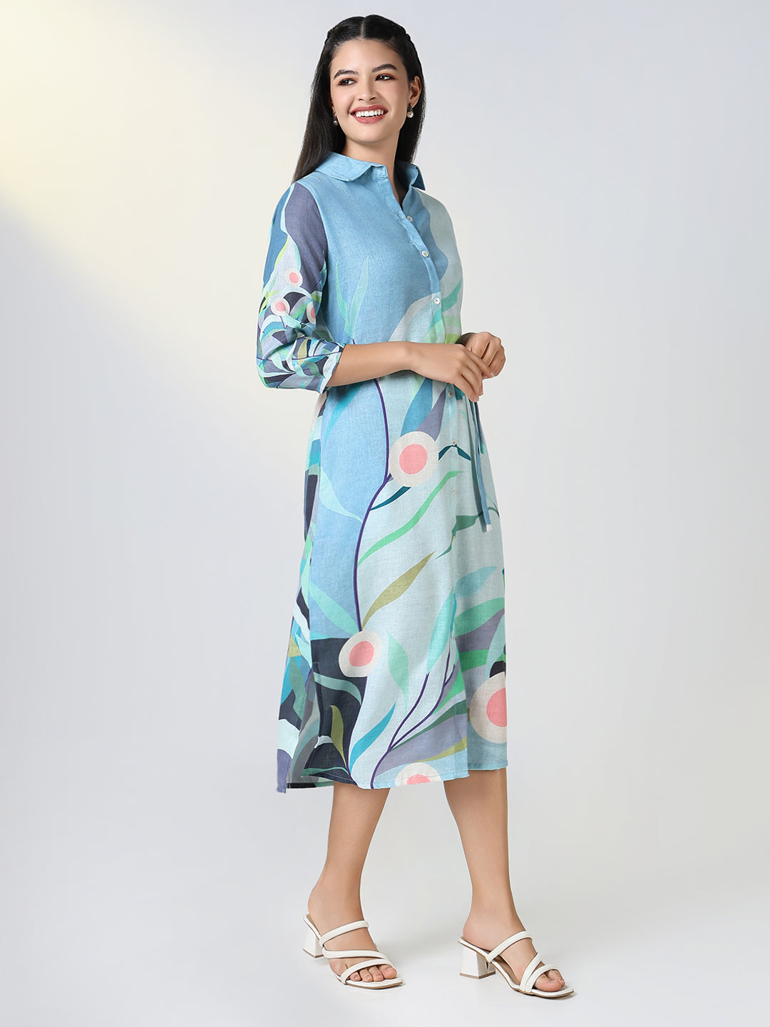 Women Blue Floral Print Shirt Dress with Belt