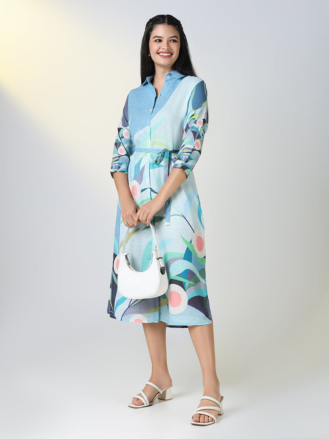 Women Blue Floral Print Shirt Dress with Belt