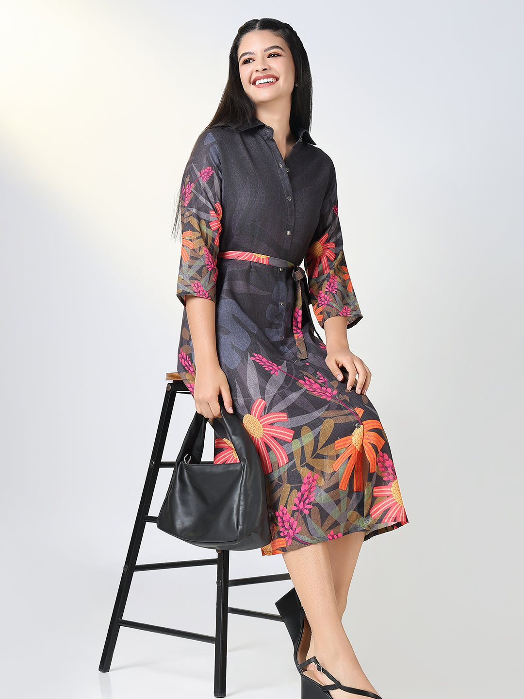 Women Black Floral Shirt Print Dress with Belt