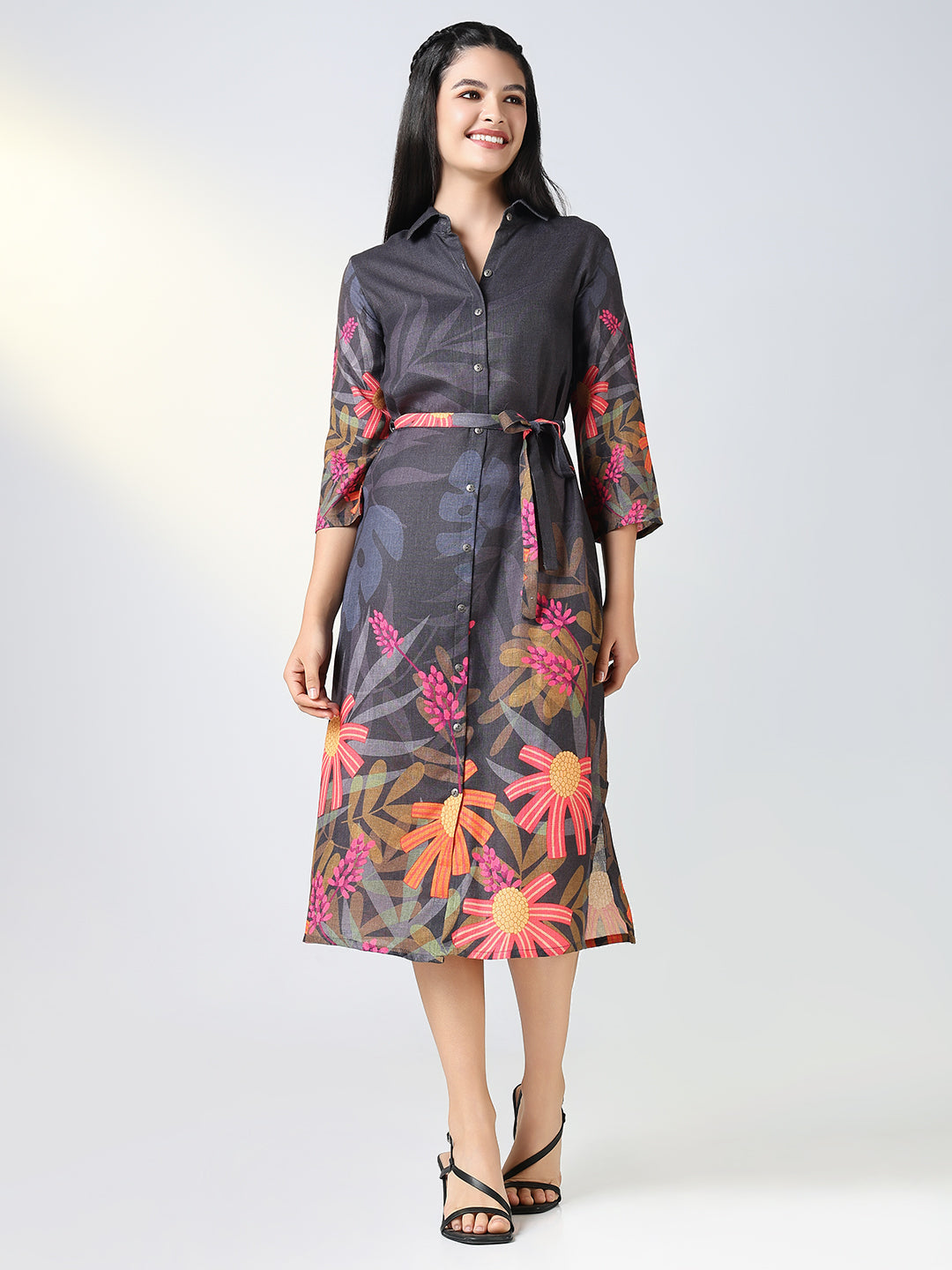 Women Black Floral Shirt Print Dress with Belt