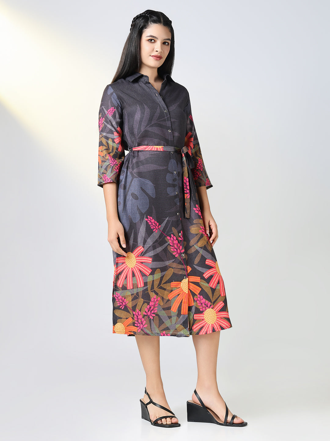 Women Black Floral Shirt Print Dress with Belt