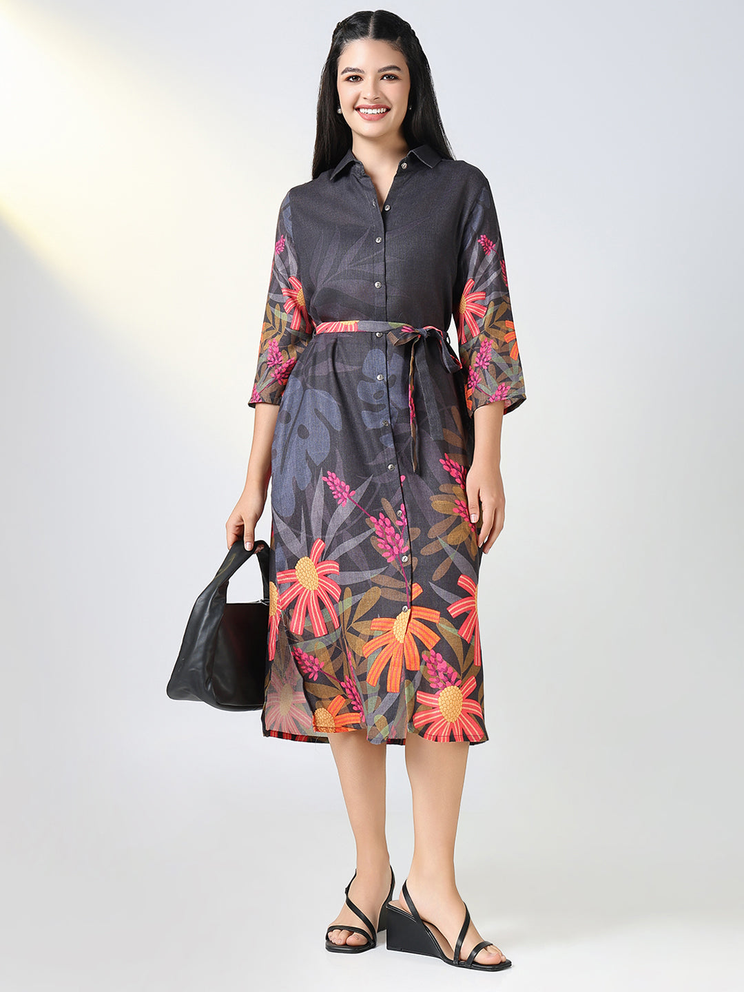 Women Black Floral Shirt Print Dress with Belt