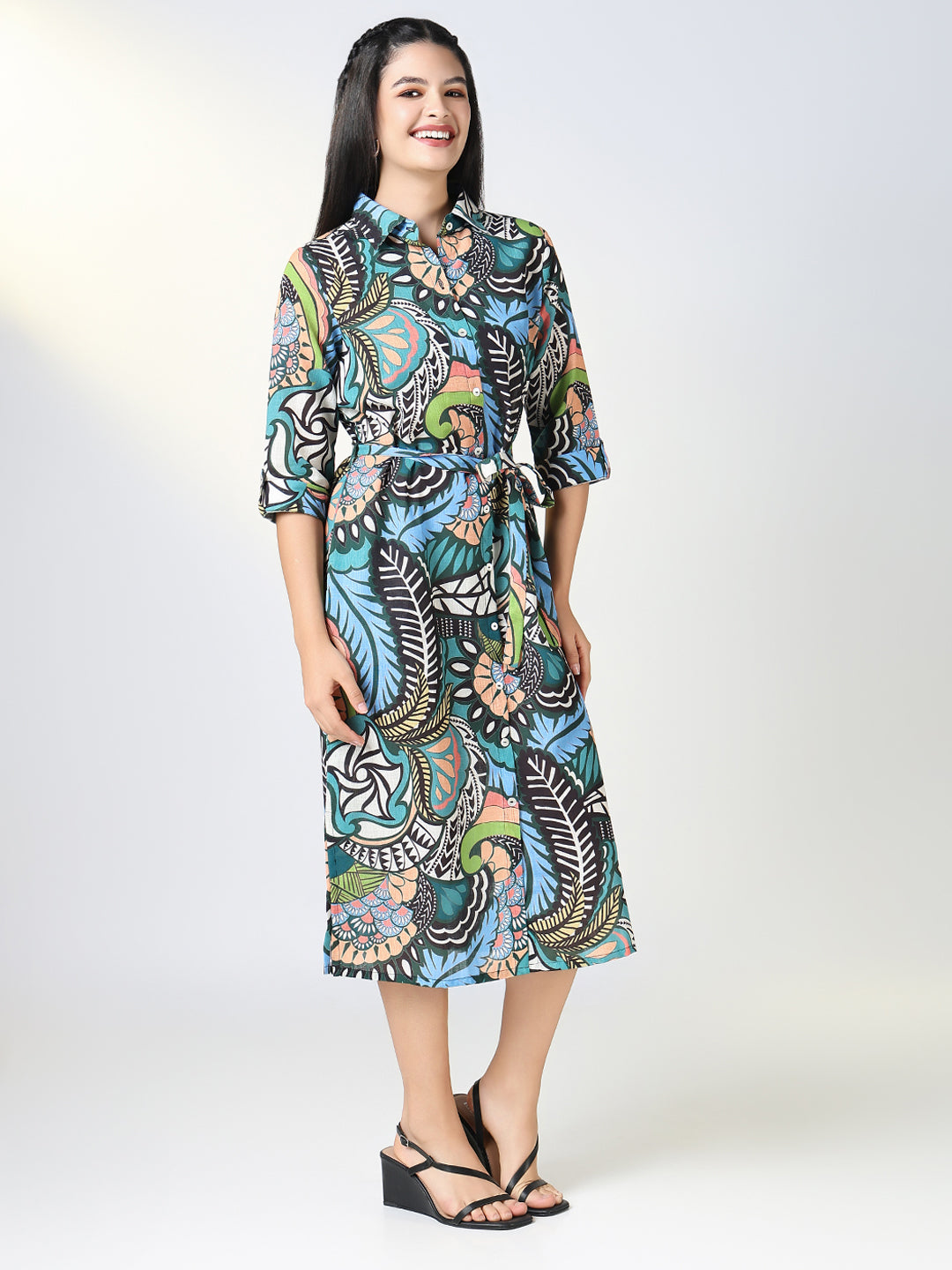 Women Green Nature Motif Shirt Dress with Belt