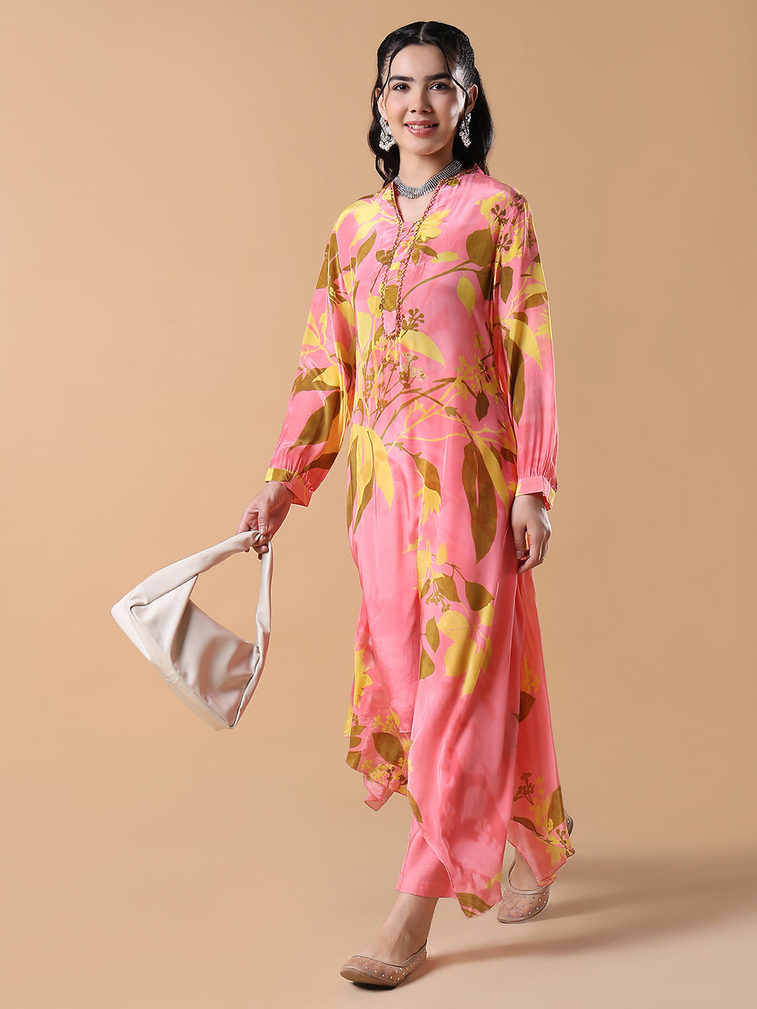 Women Floral  Asymmetric A-Line Pink Kurta Set