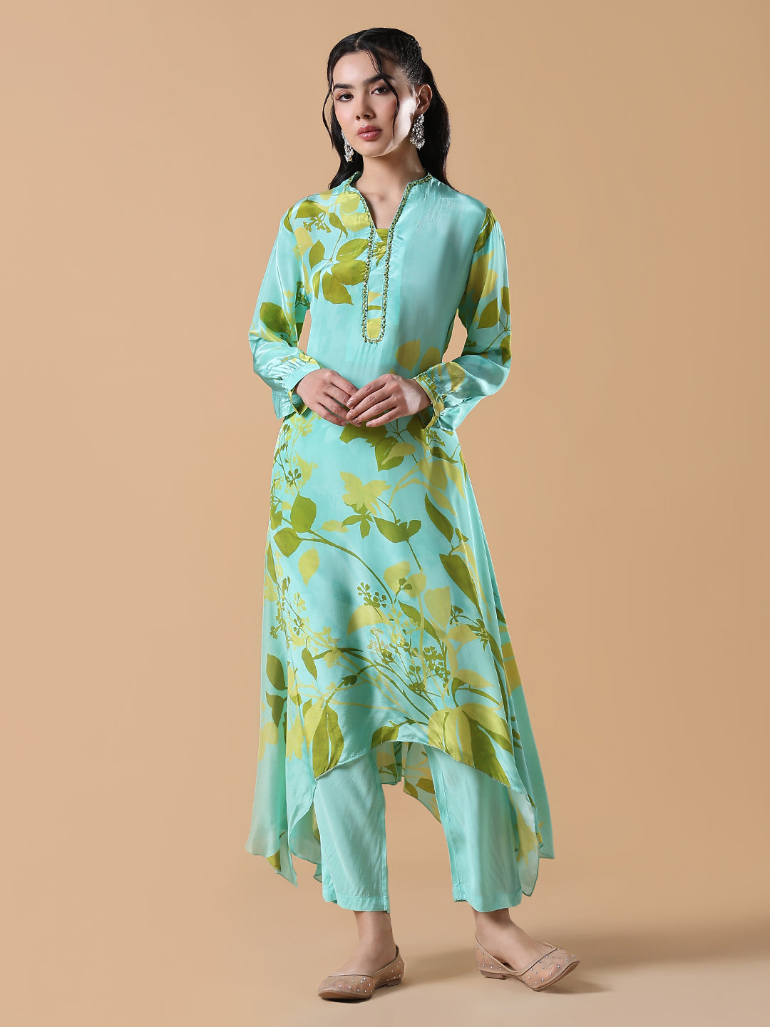 Women Floral Asymmetric A-Line Green Kurta Set