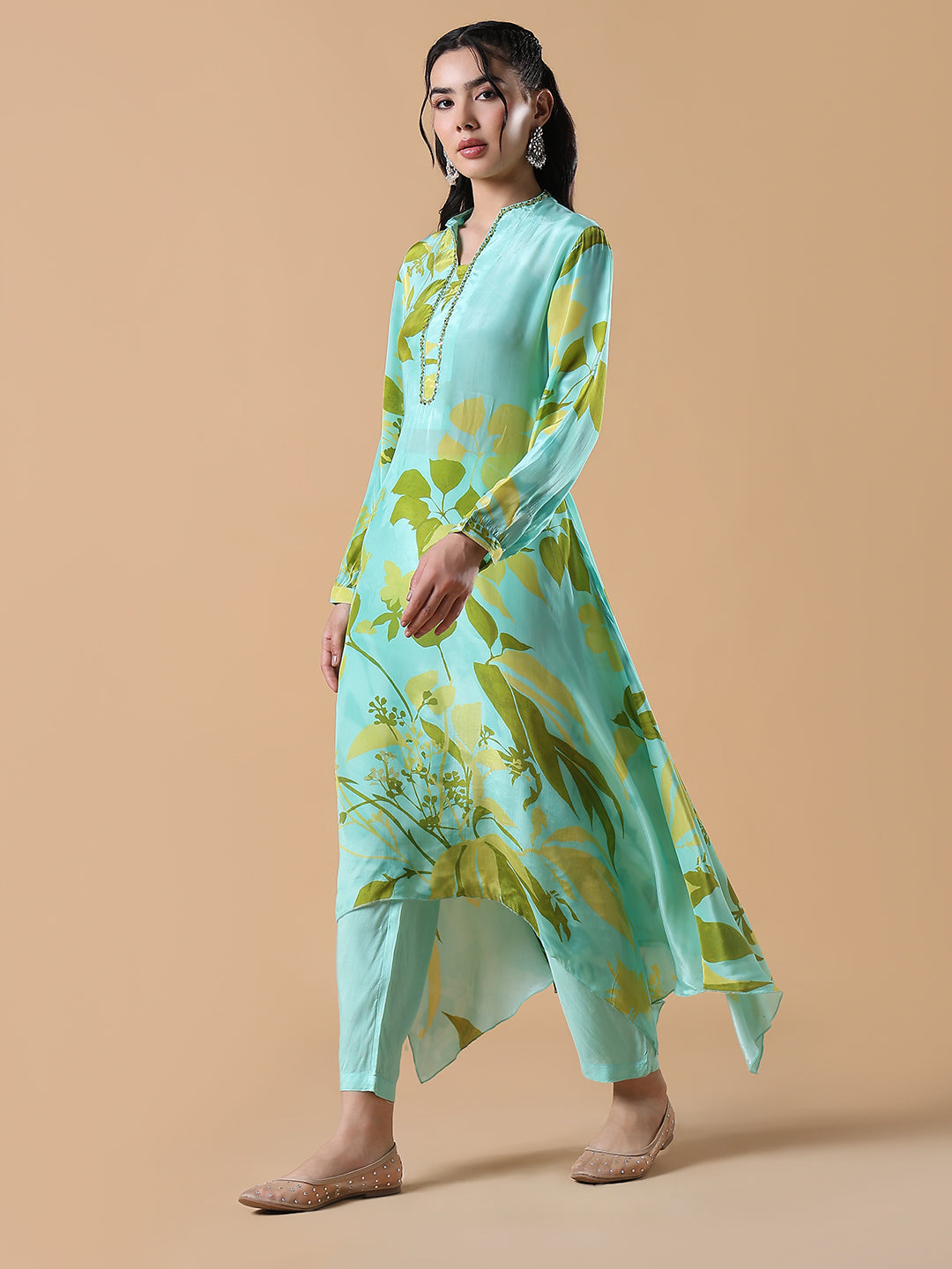 Women Floral Asymmetric A-Line Green Kurta Set