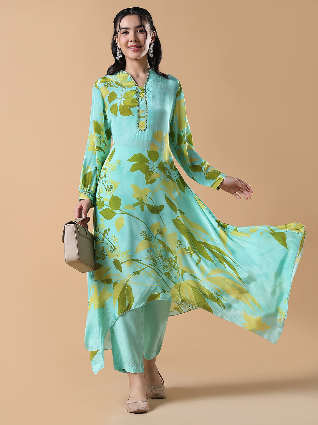 Women Floral Asymmetric A-Line Green Kurta Set