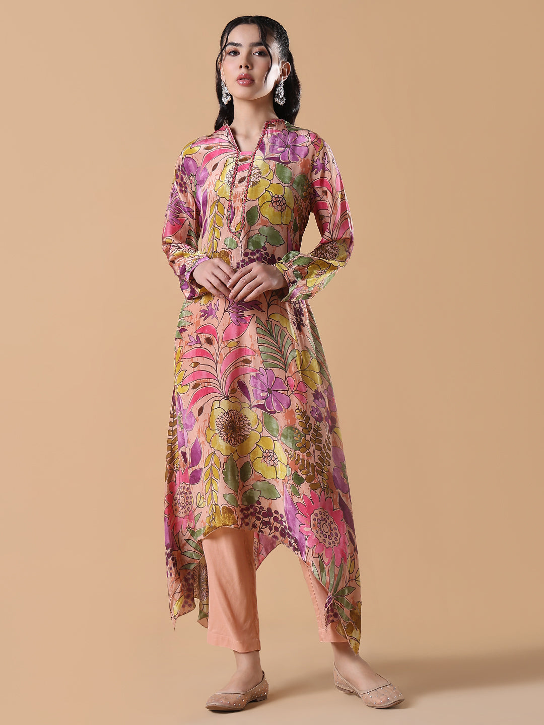 Women Multicolored Floral A-Line Peach Kurta Set