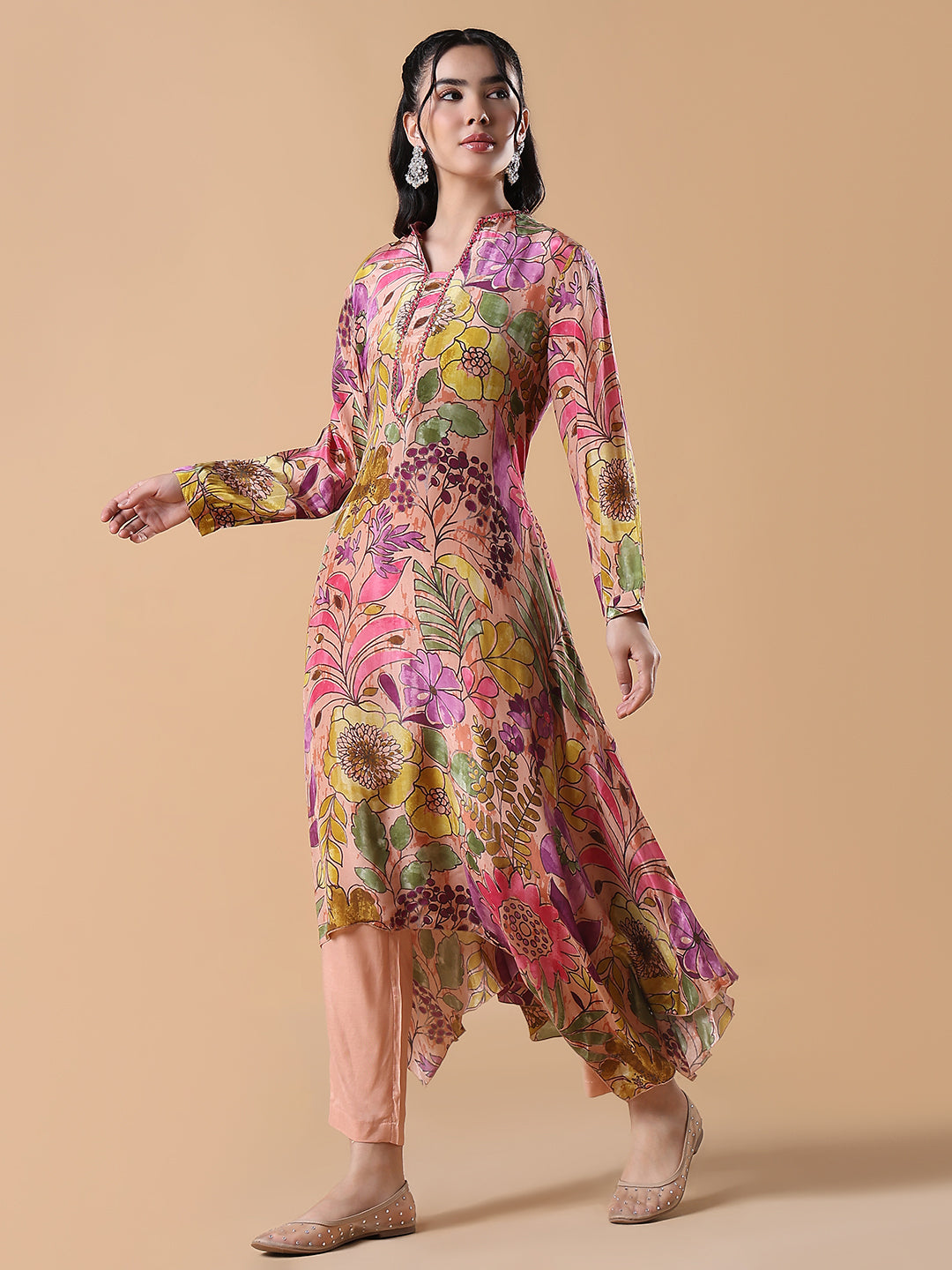 Women Multicolored Floral A-Line Peach Kurta Set