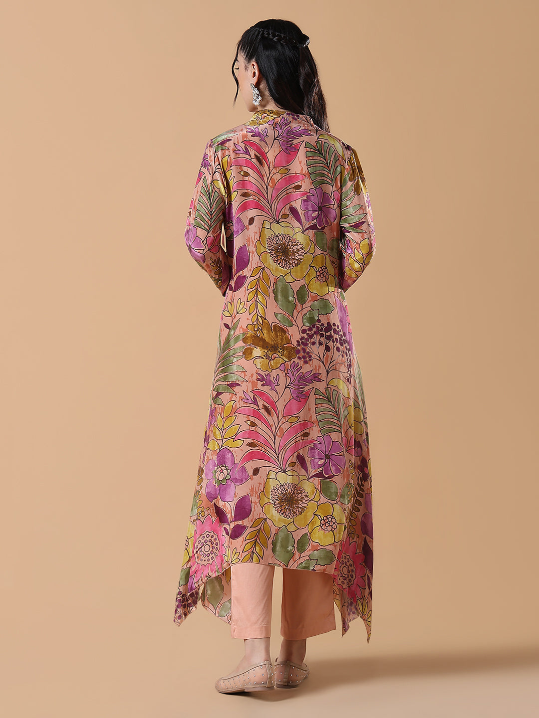 Women Multicolored Floral A-Line Peach Kurta Set