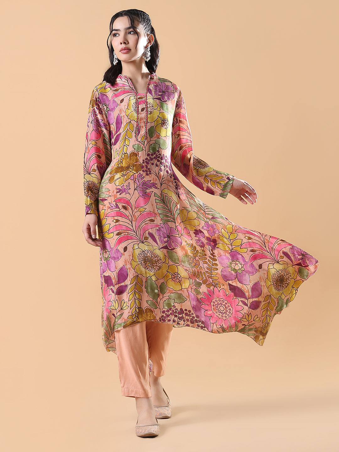 Women Multicolored Floral A-Line Peach Kurta Set