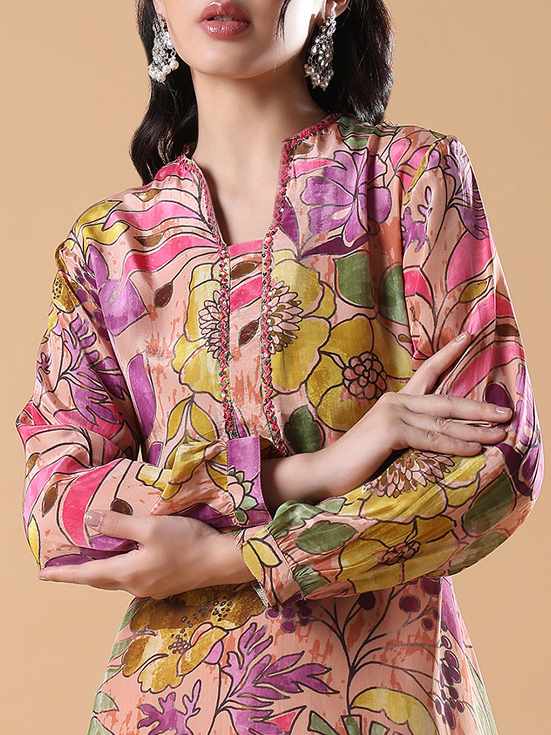 Women Multicolored Floral A-Line Peach Kurta Set