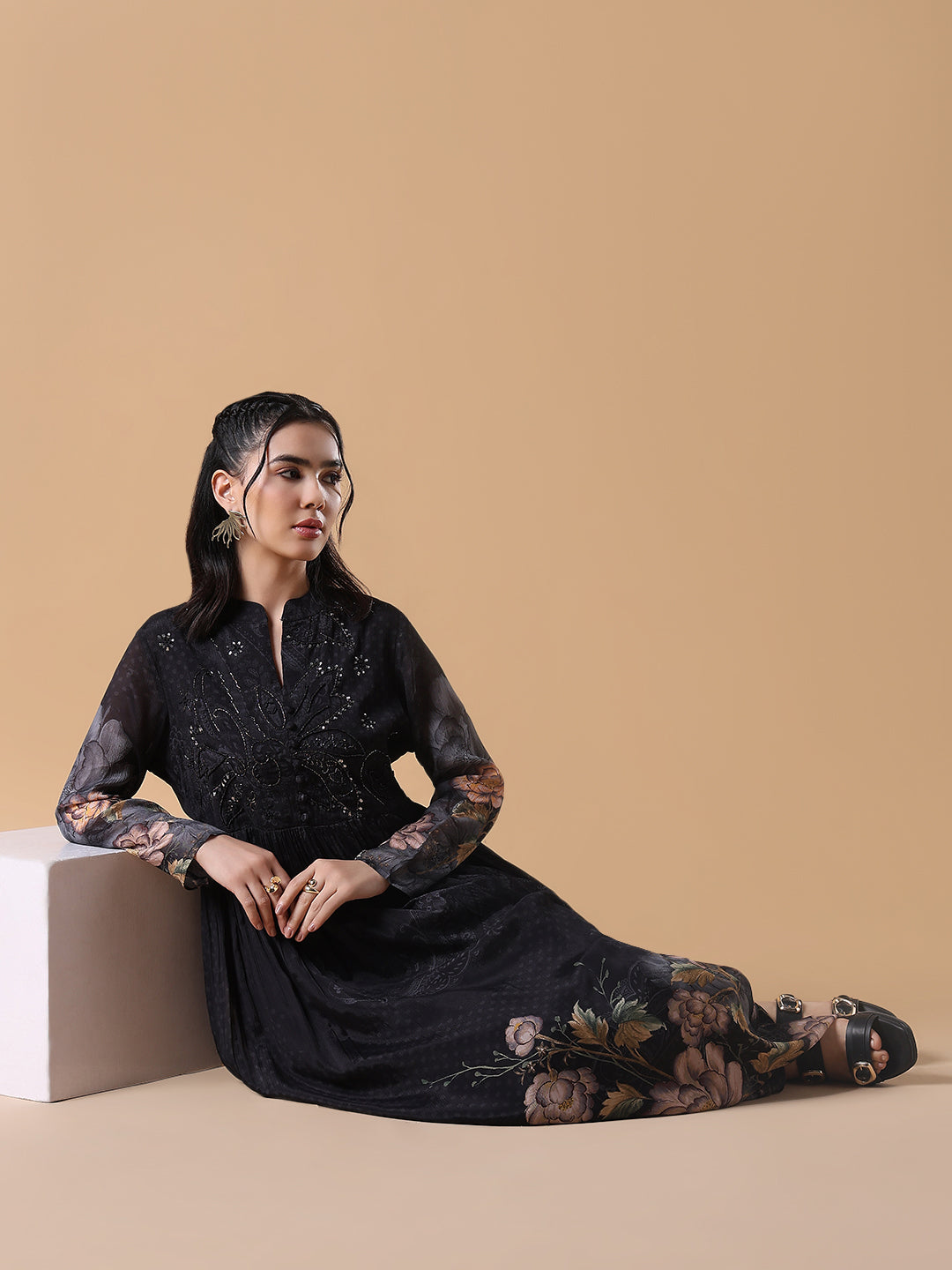 Women Black Floral Cotton Anarkali Kurta