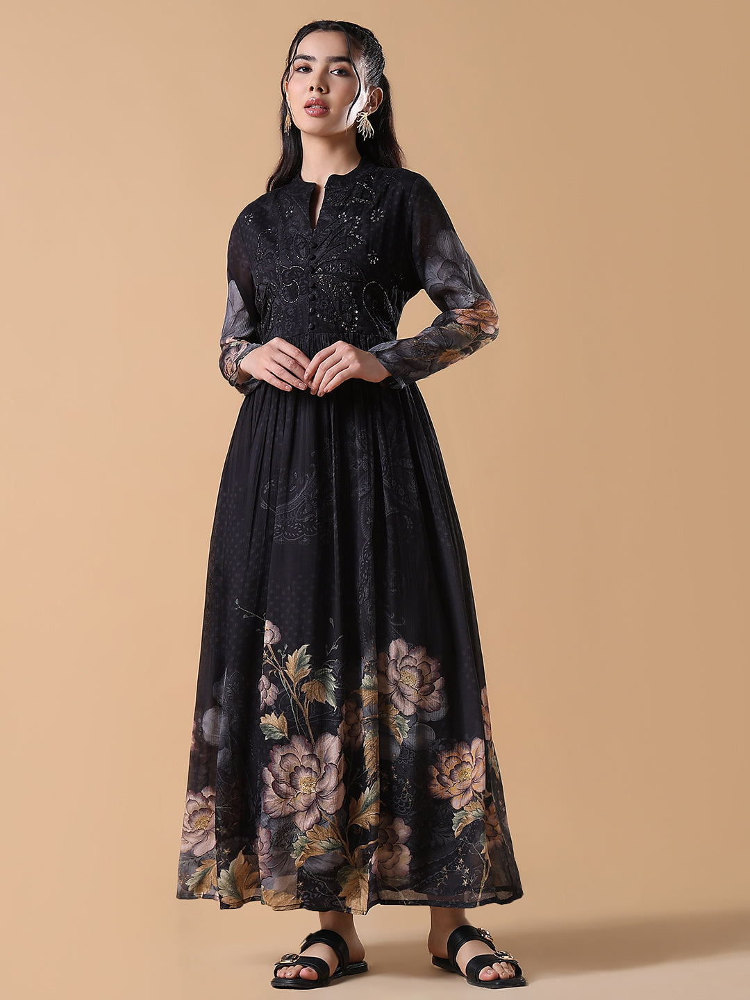 Women Black Floral Cotton Anarkali Kurta