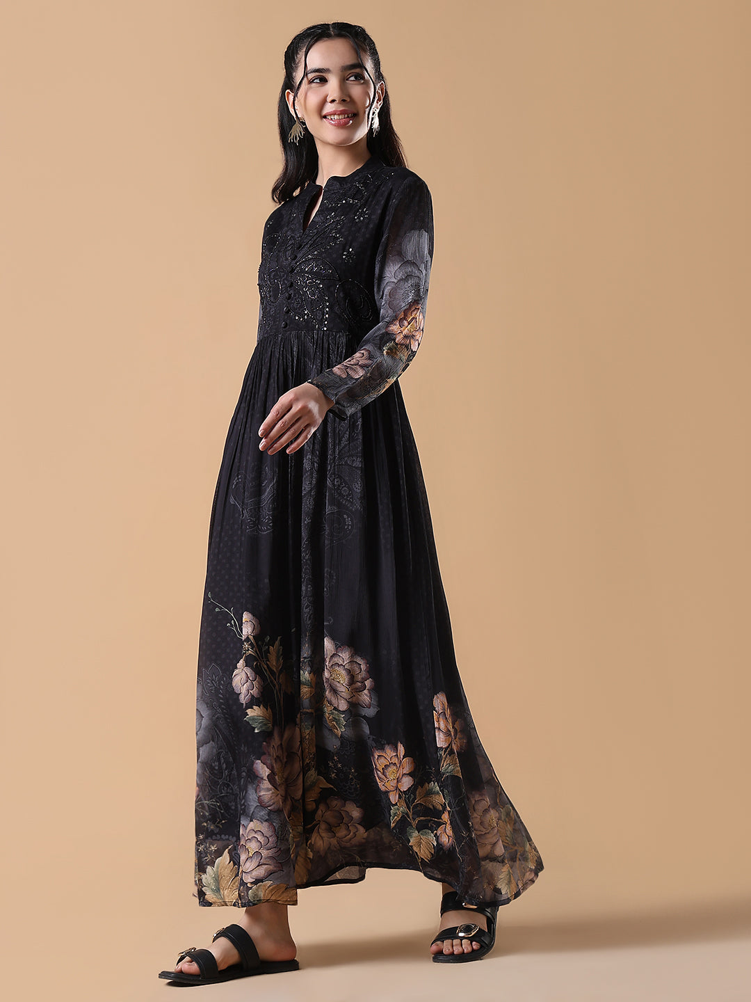 Women Black Floral Cotton Anarkali Kurta