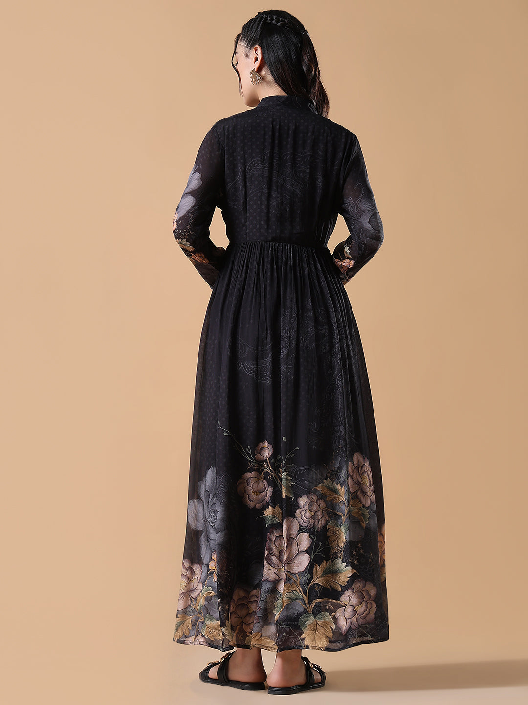 Women Black Floral Cotton Anarkali Kurta