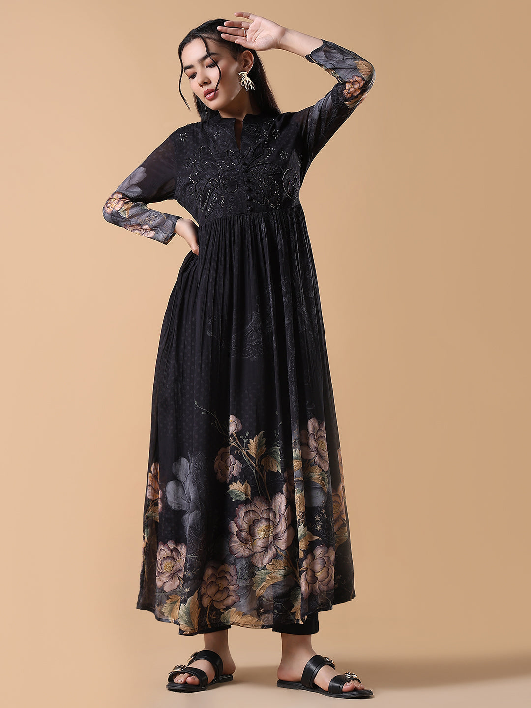 Women Black Floral Cotton Anarkali Kurta