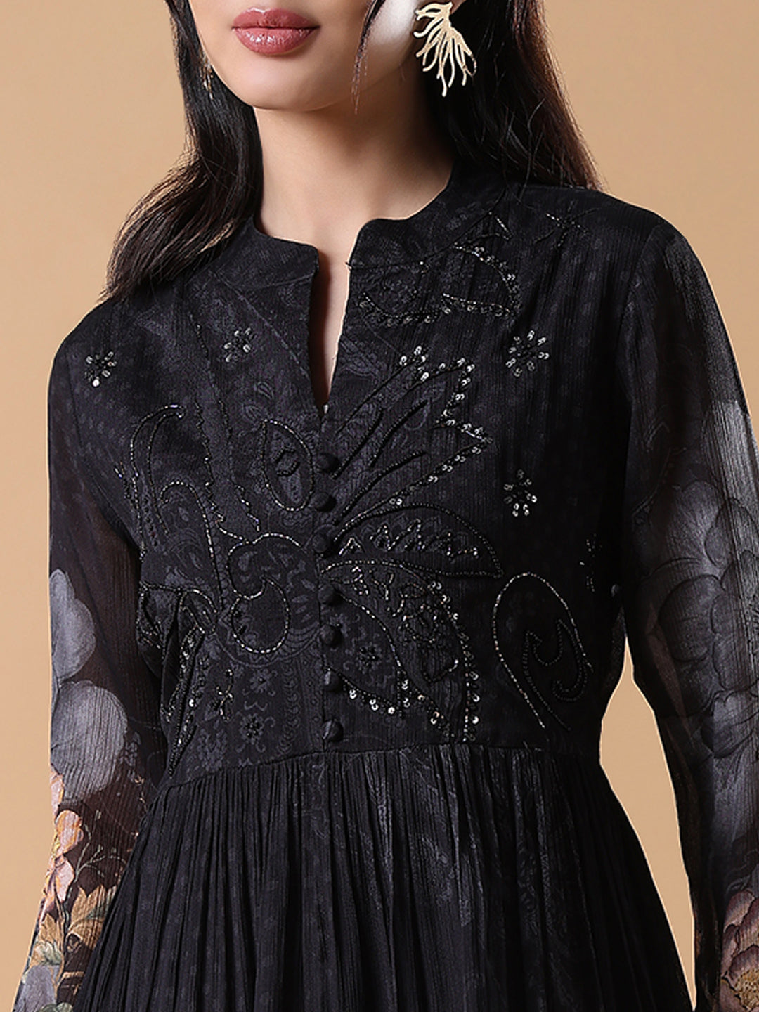 Women Black Floral Cotton Anarkali Kurta