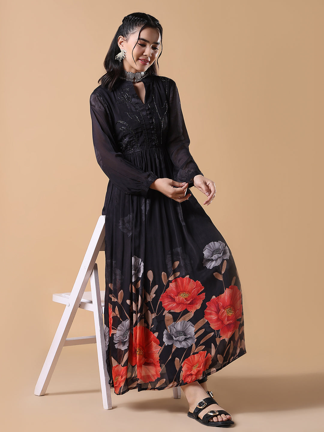 Women Black Floral Anarkali Kurta