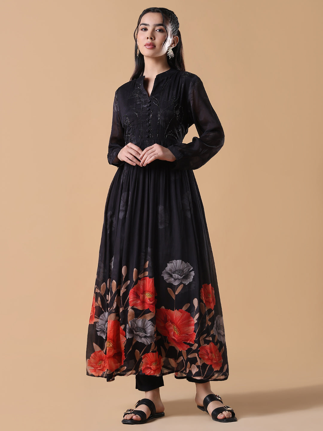 Women Black Floral Anarkali Kurta