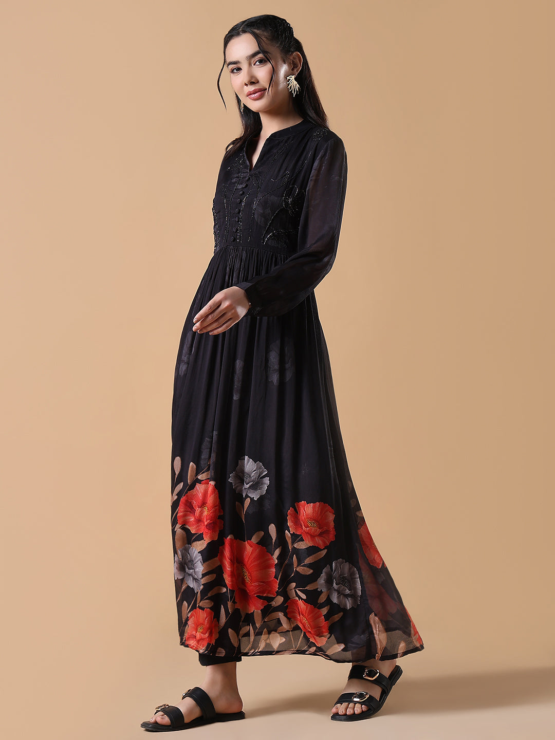 Women Black Floral Anarkali Kurta