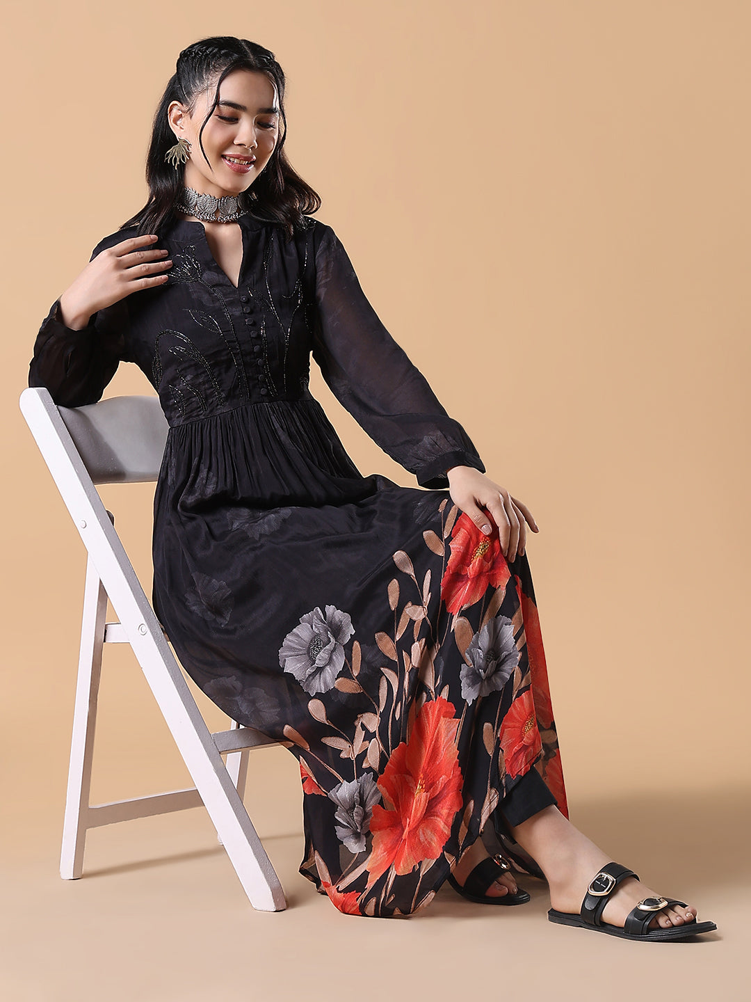 Women Black Floral Anarkali Kurta