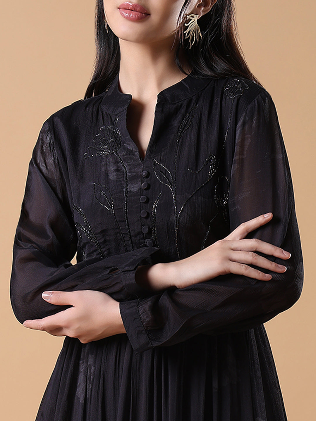 Women Black Floral Anarkali Kurta