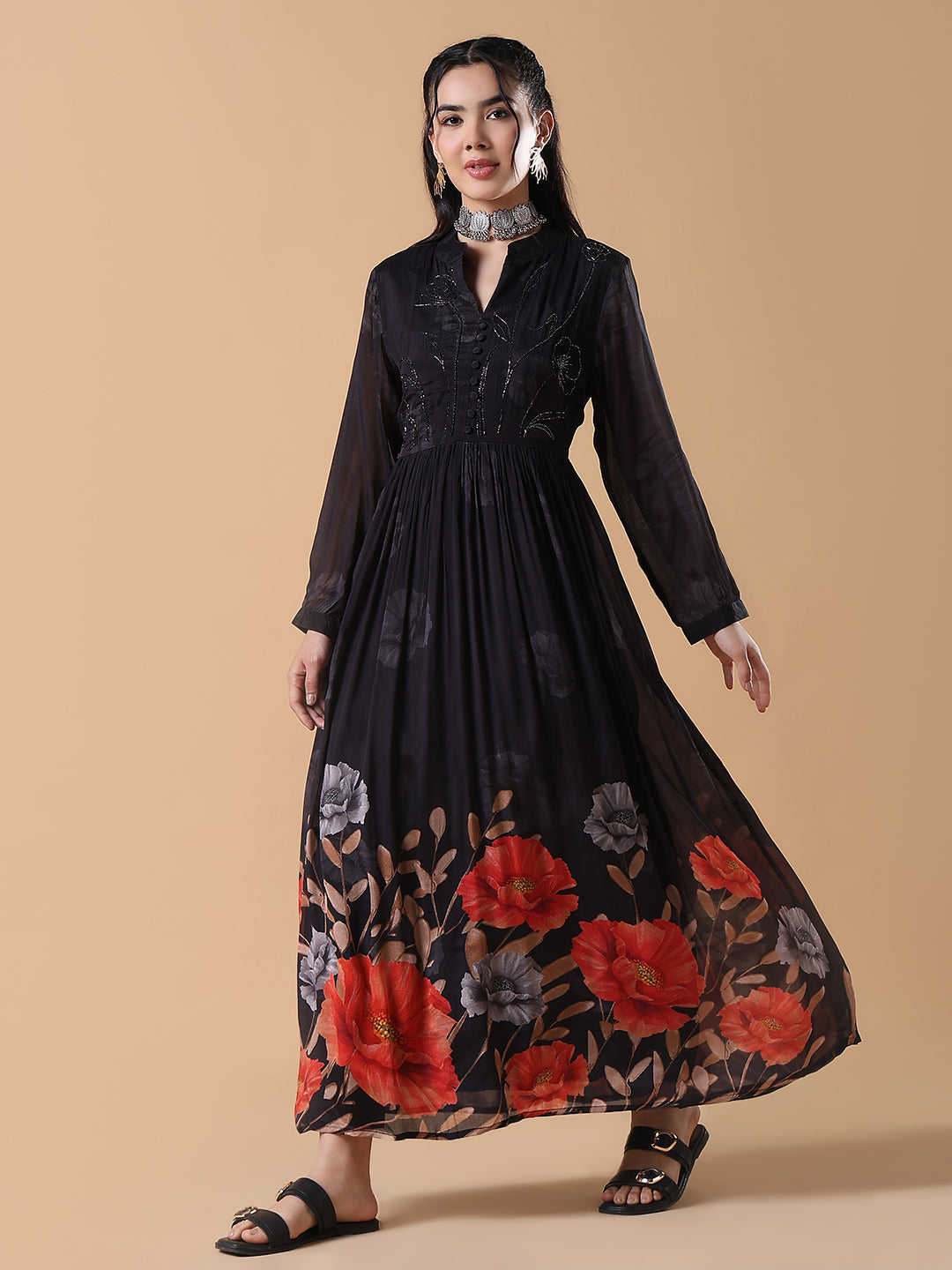 Women Black Floral Anarkali Kurta