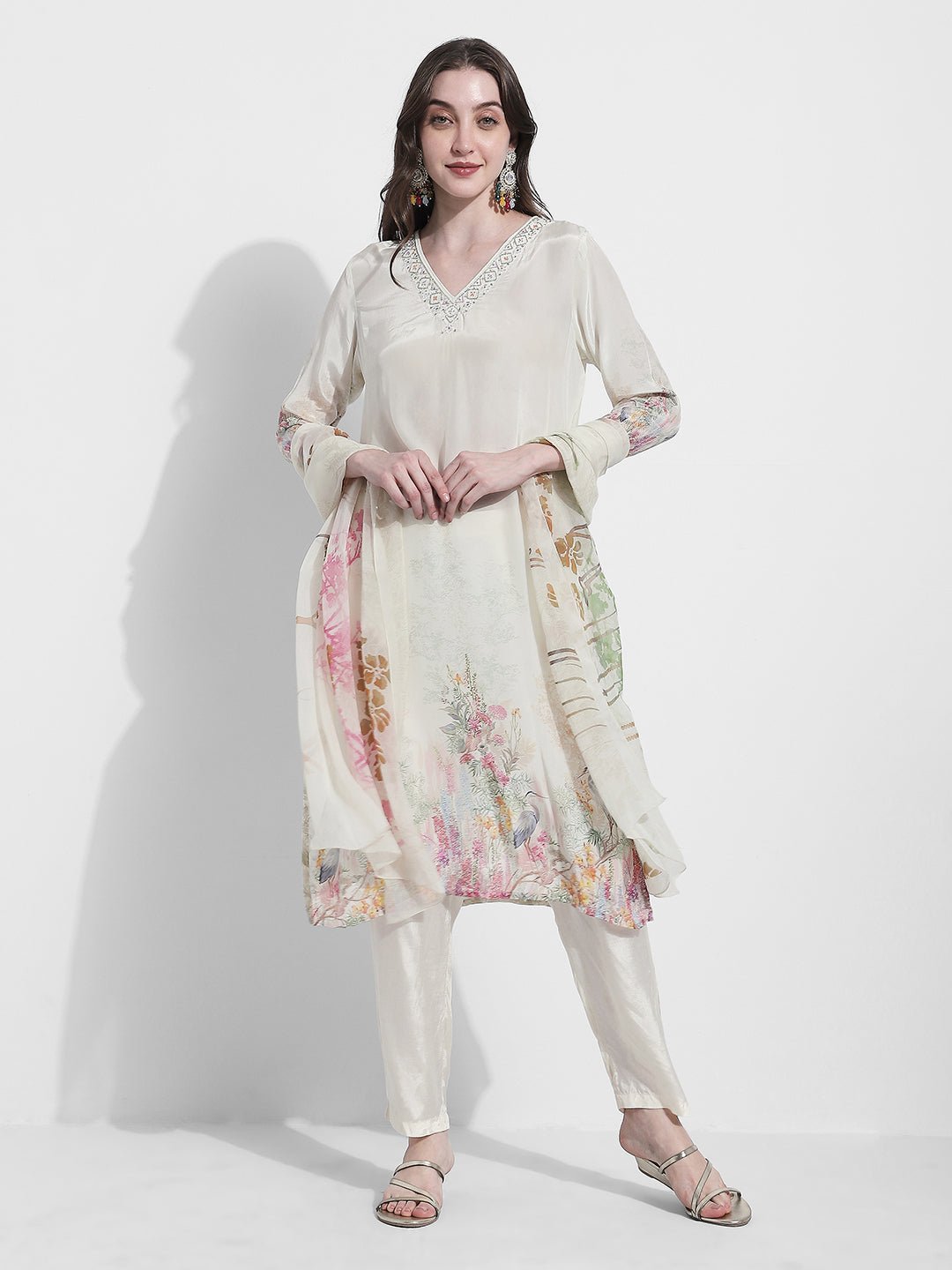 Women's Floral Printed Off White Kurta Set with Dupatta