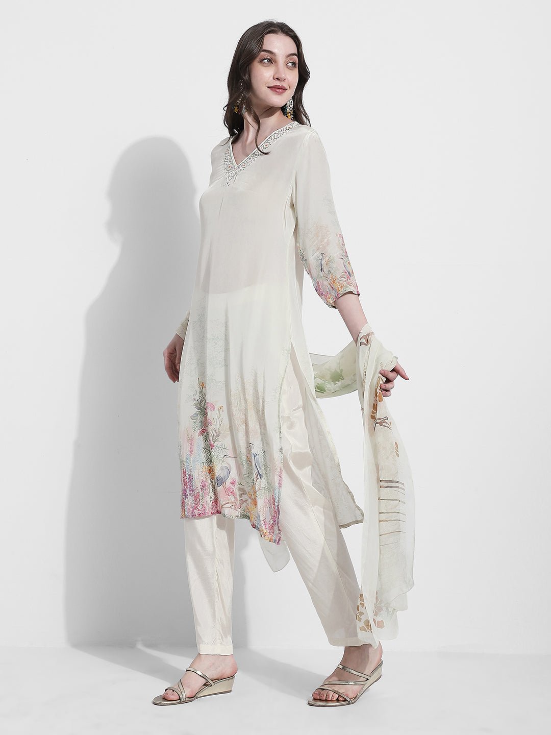 Women's Floral Printed Off White Kurta Set with Dupatta
