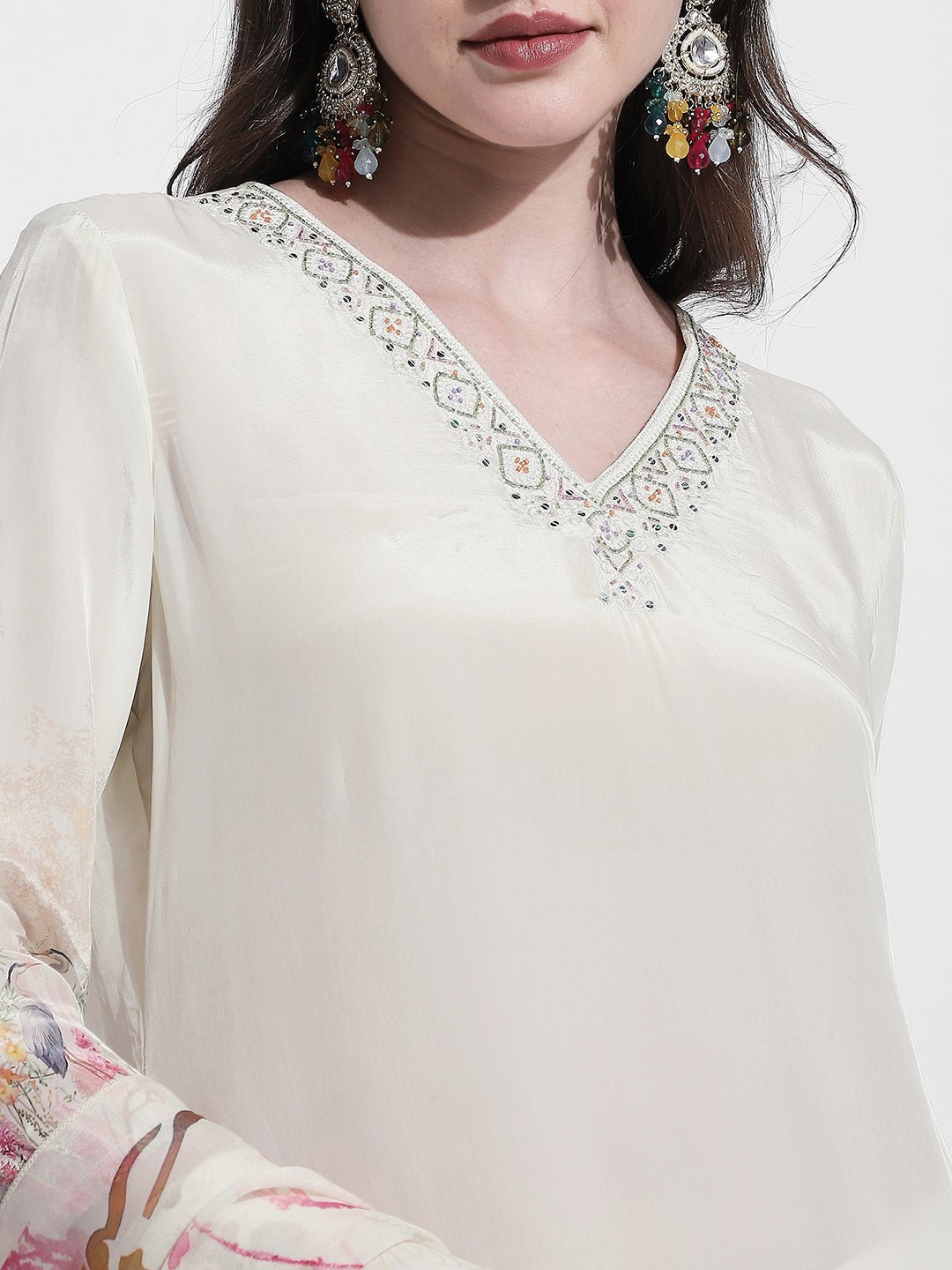 Women's Floral Printed Off White Kurta Set with Dupatta