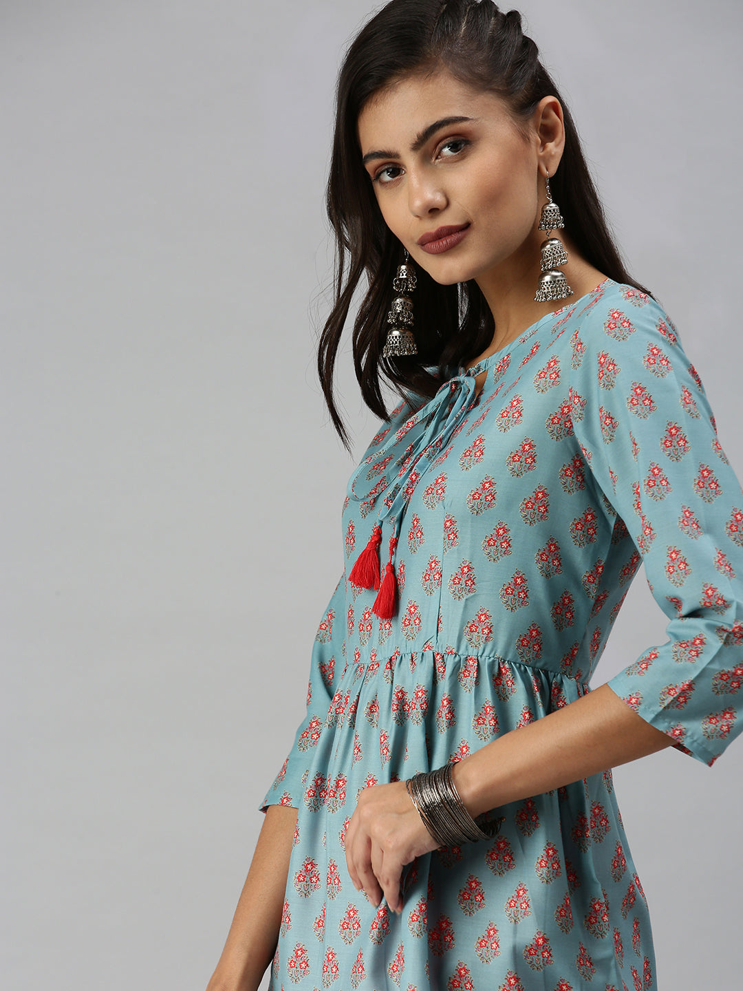 Women's Tie-Up Neck Blue A-Line Kurti