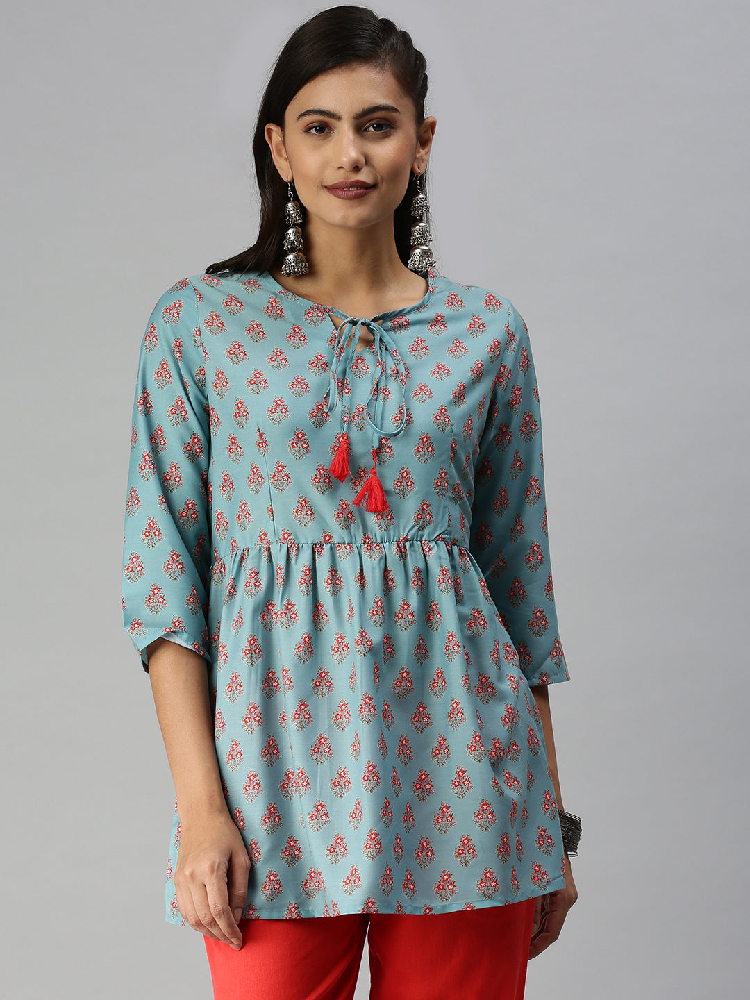 Women's Tie-Up Neck Blue A-Line Kurti