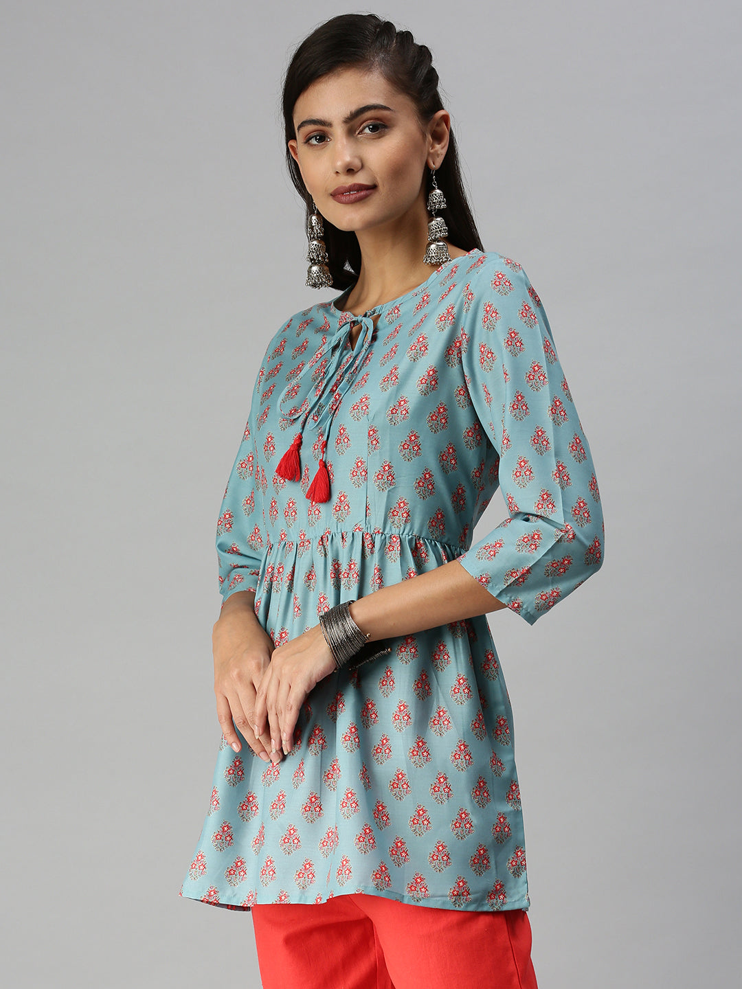 Women's Tie-Up Neck Blue A-Line Kurti