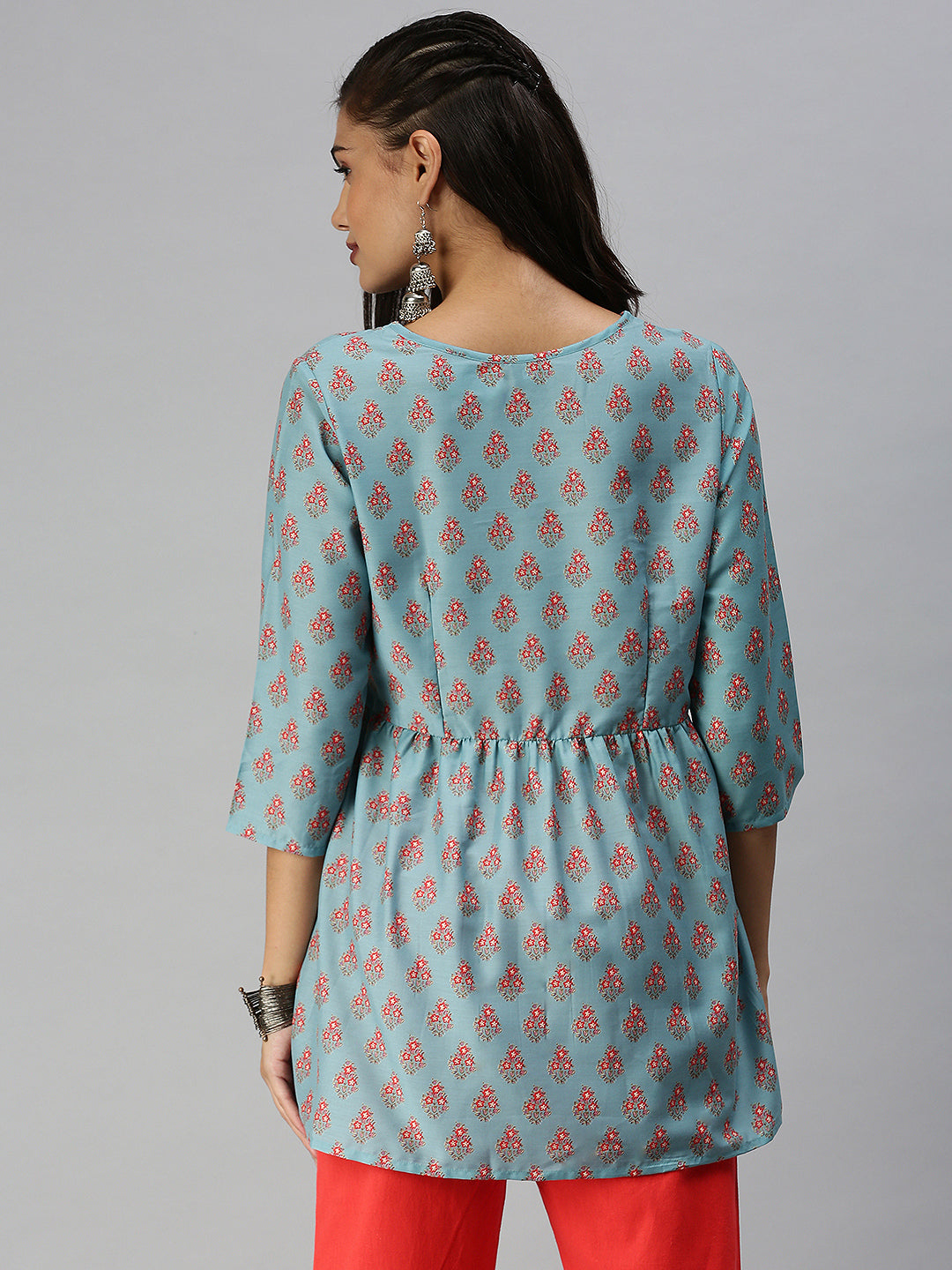 Women's Tie-Up Neck Blue A-Line Kurti