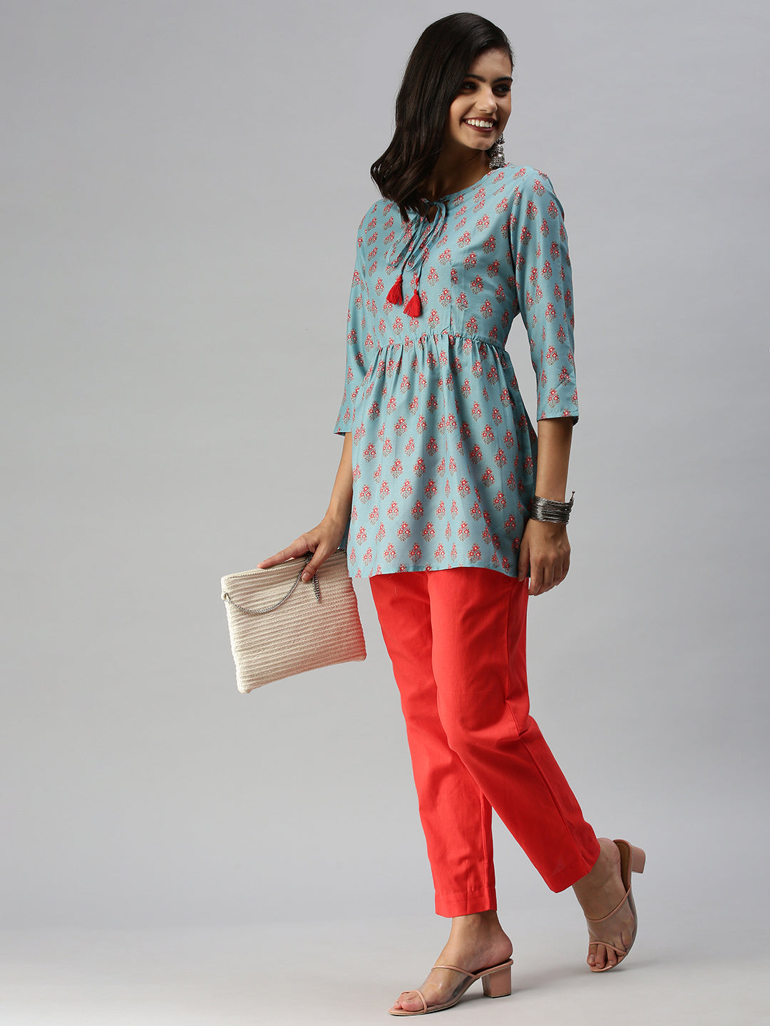 Women's Tie-Up Neck Blue A-Line Kurti