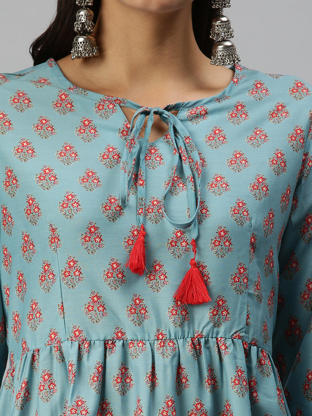 Women's Tie-Up Neck Blue A-Line Kurti