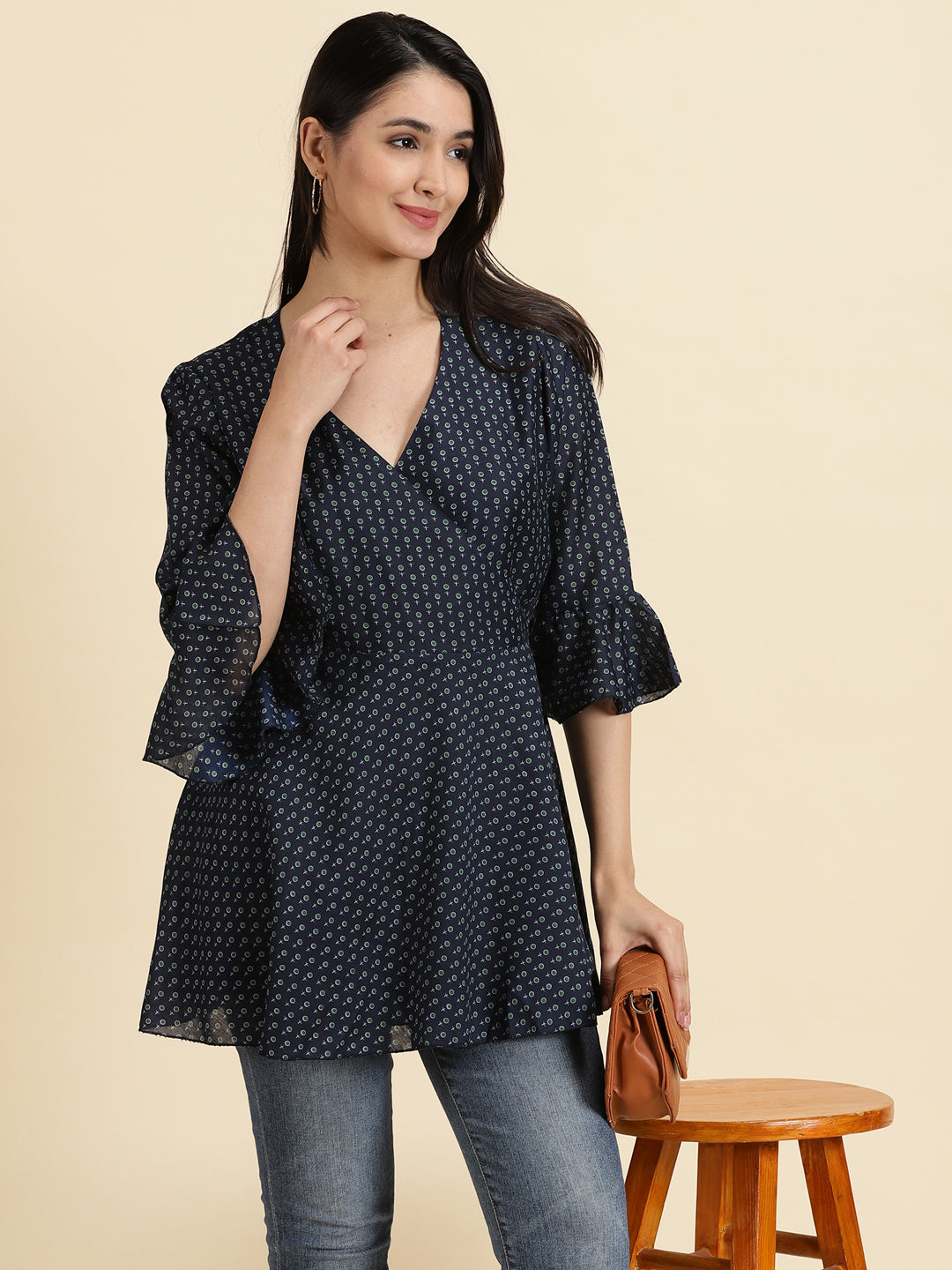 Women V-Neck Printed Navy Blue Wrap Top