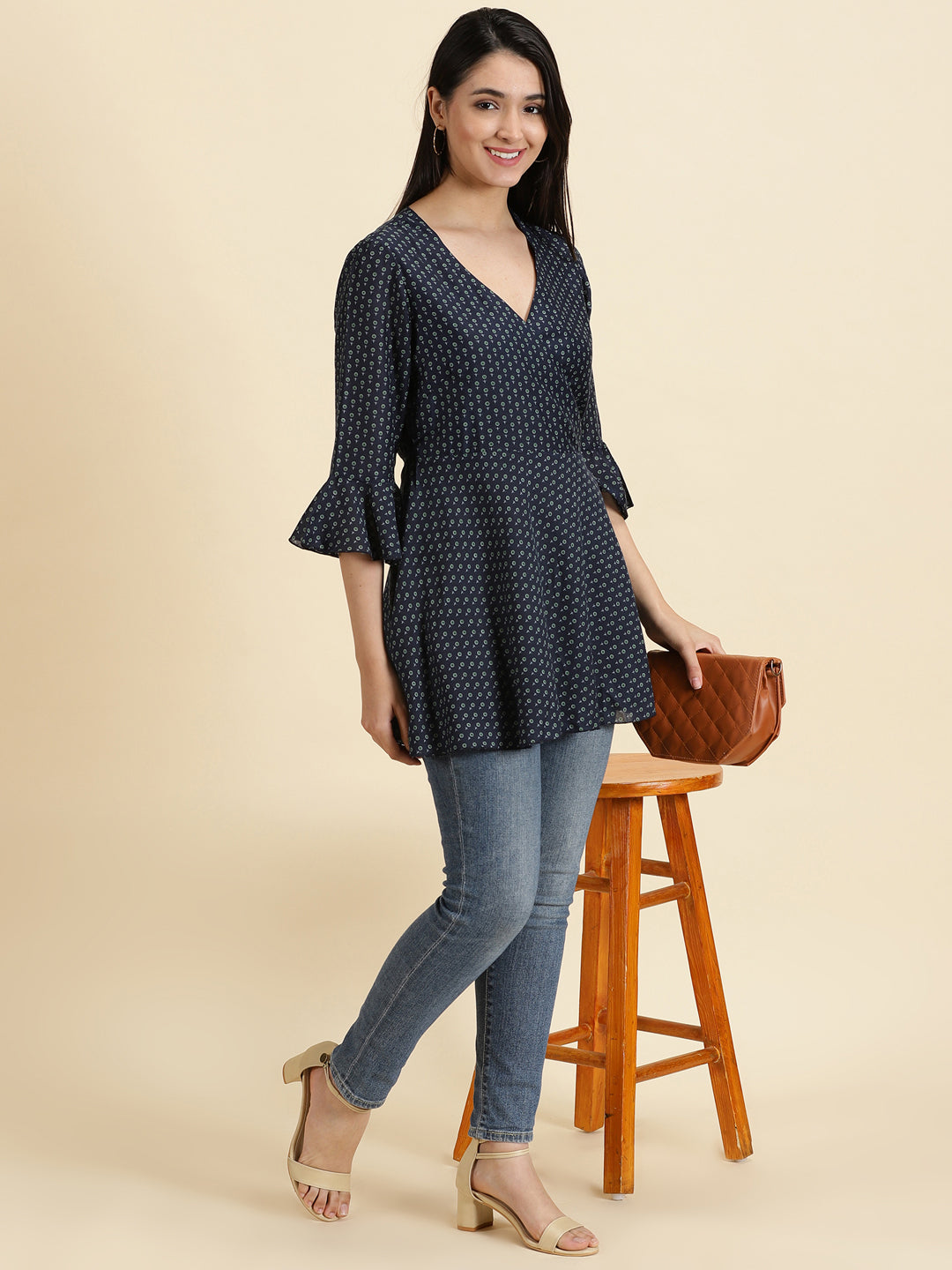 Women V-Neck Printed Navy Blue Wrap Top