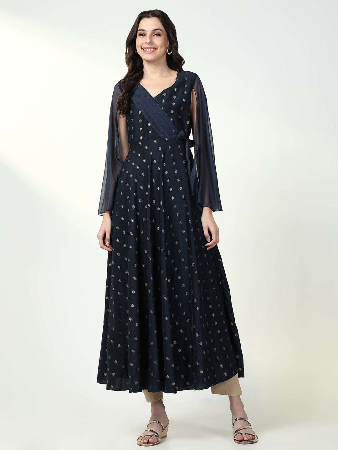 Women Navy Blue Floral Straight Kurta