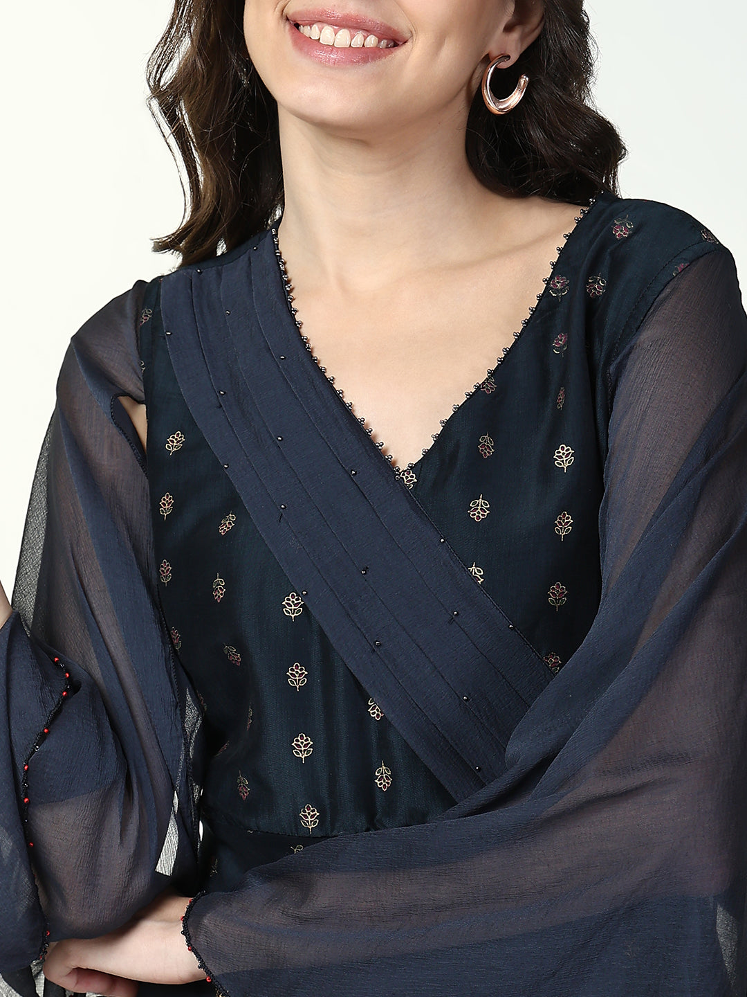 Women Navy Blue Floral Straight Kurta