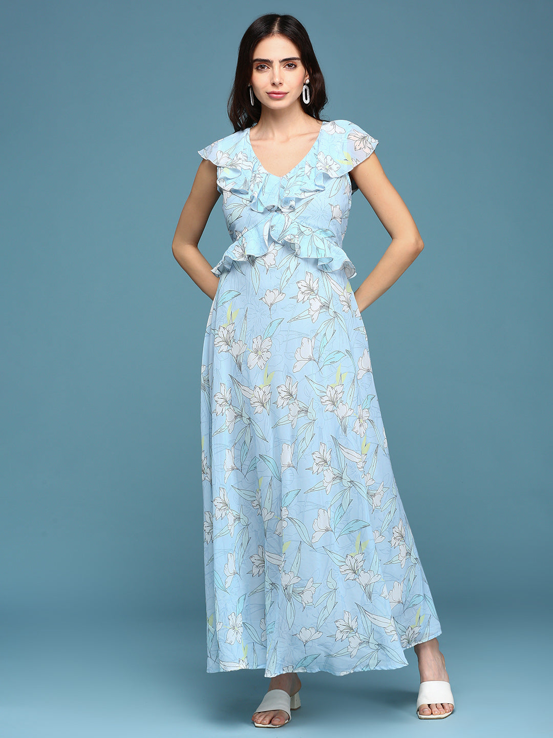 Women's Blue Printed Maxi Dress