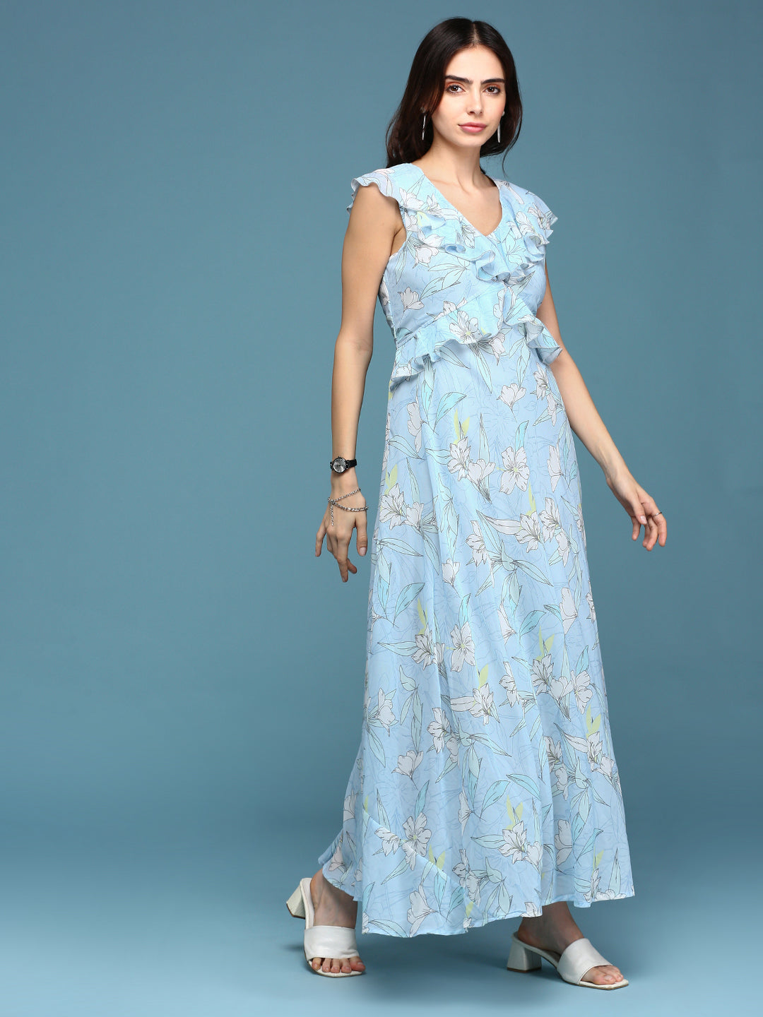 Women's Blue Printed Maxi Dress