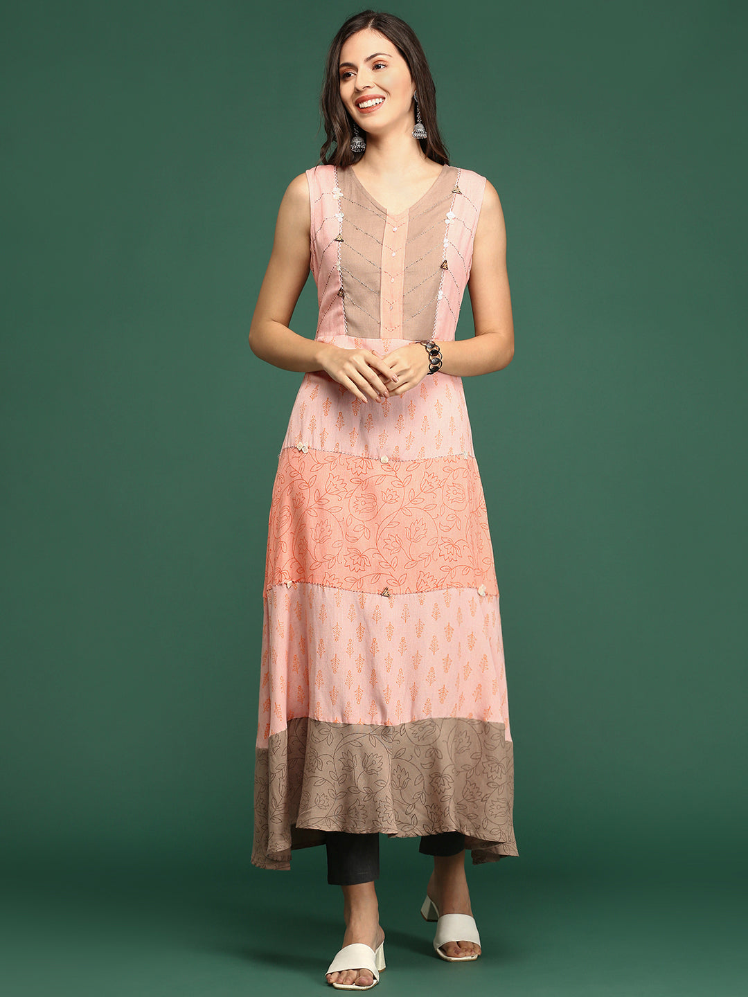 Women's Peach Colourblock Anarkali Kurta