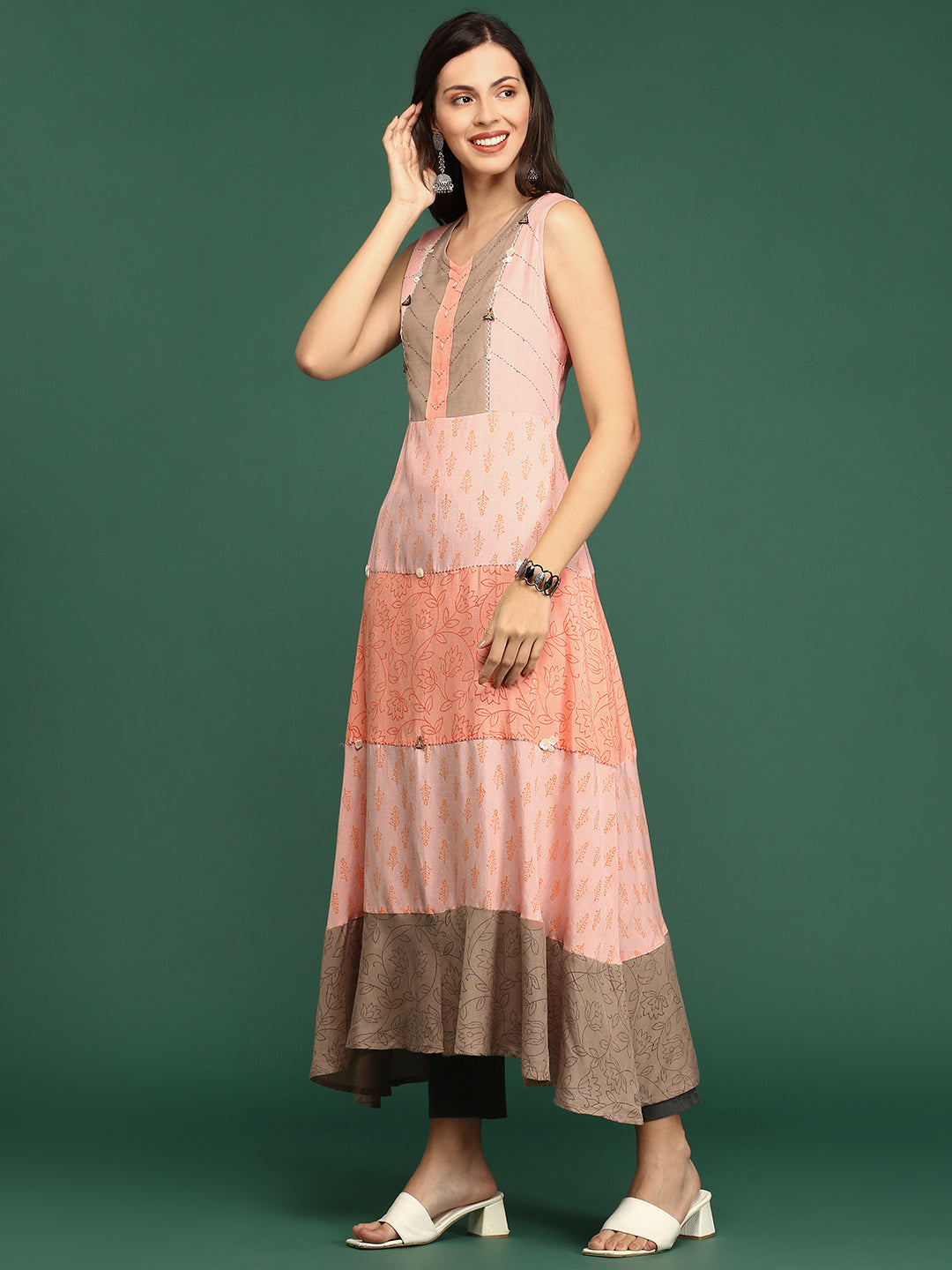 Women's Peach Colourblock Anarkali Kurta