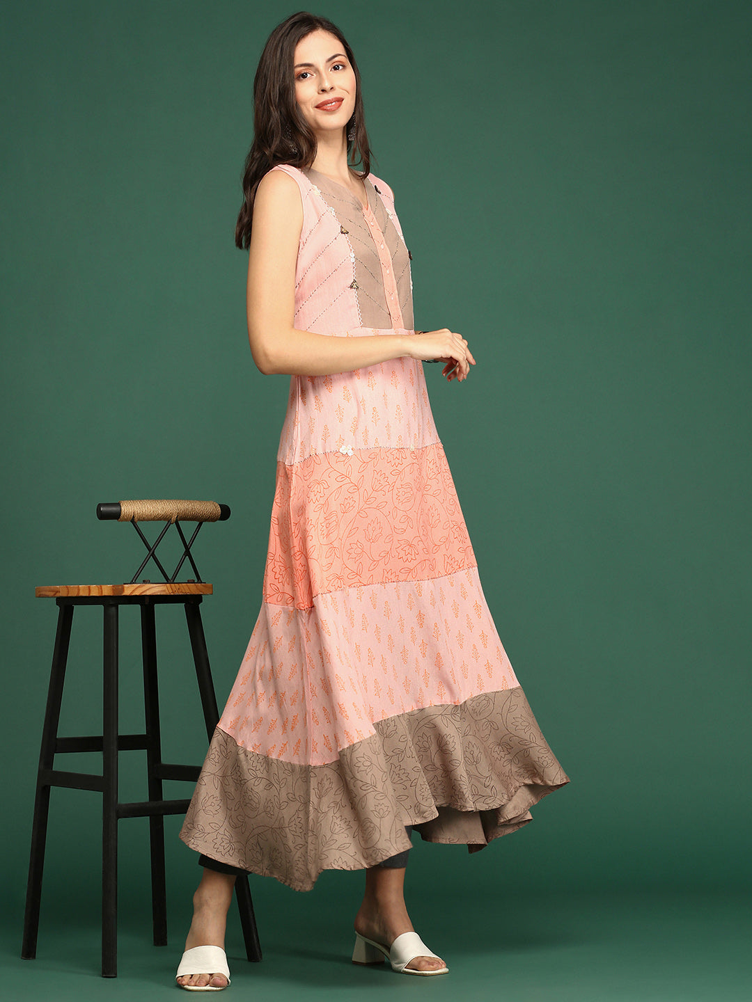 Women's Peach Colourblock Anarkali Kurta