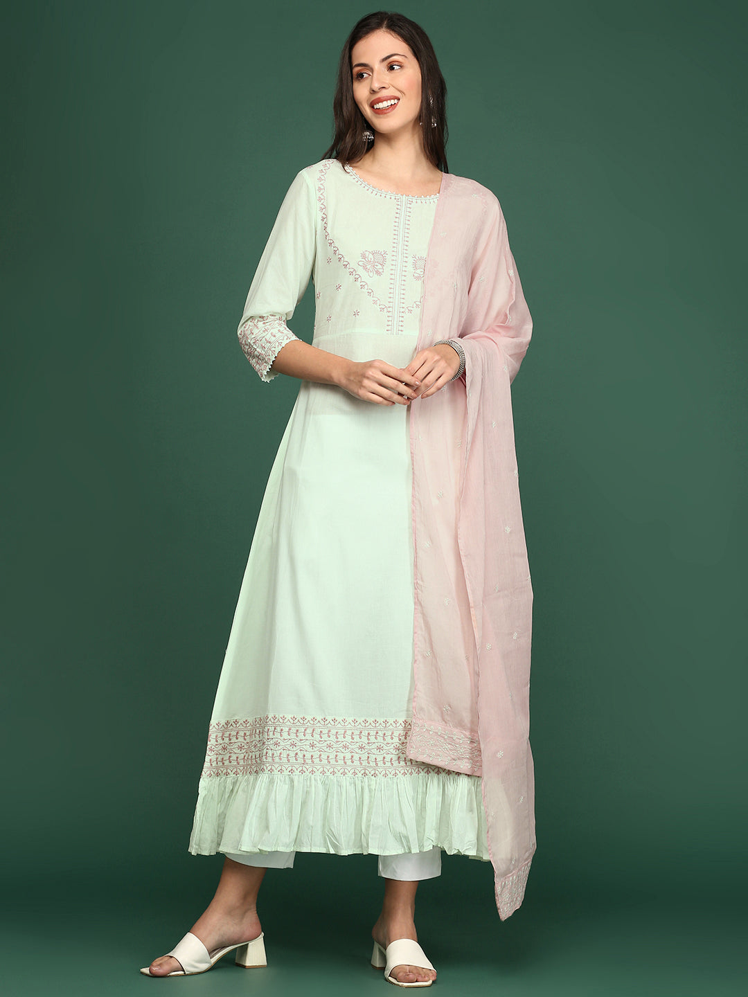 Women's Green Embroidered A-Line Kurta